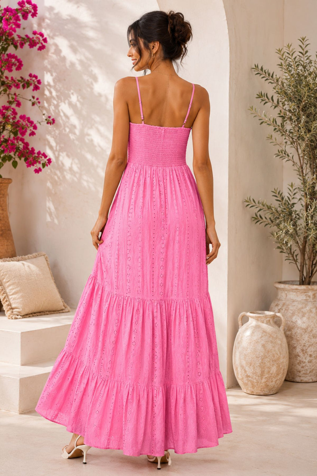 Pink Eyelet Tiered Long Dress
