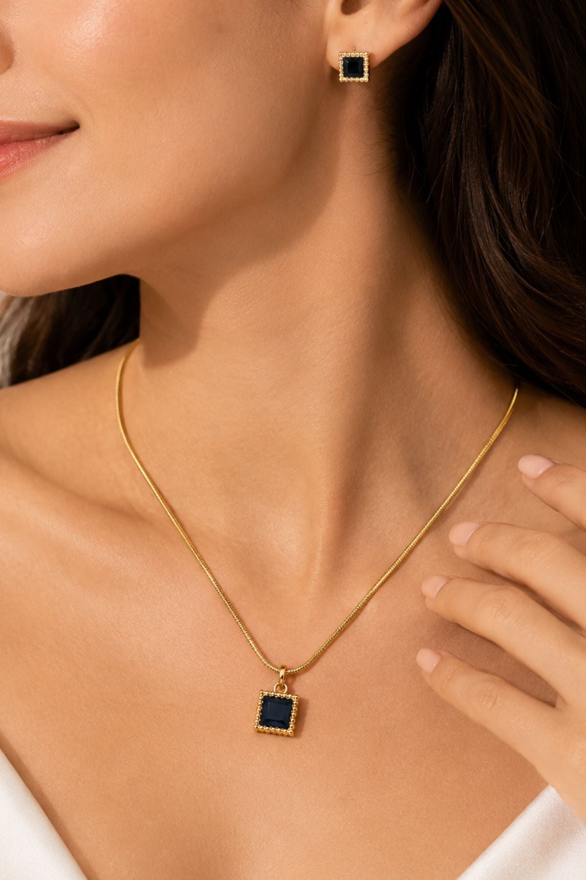 Onyx Pendant Necklace & Earrings Set – Gold Stainless Steel Jewelry