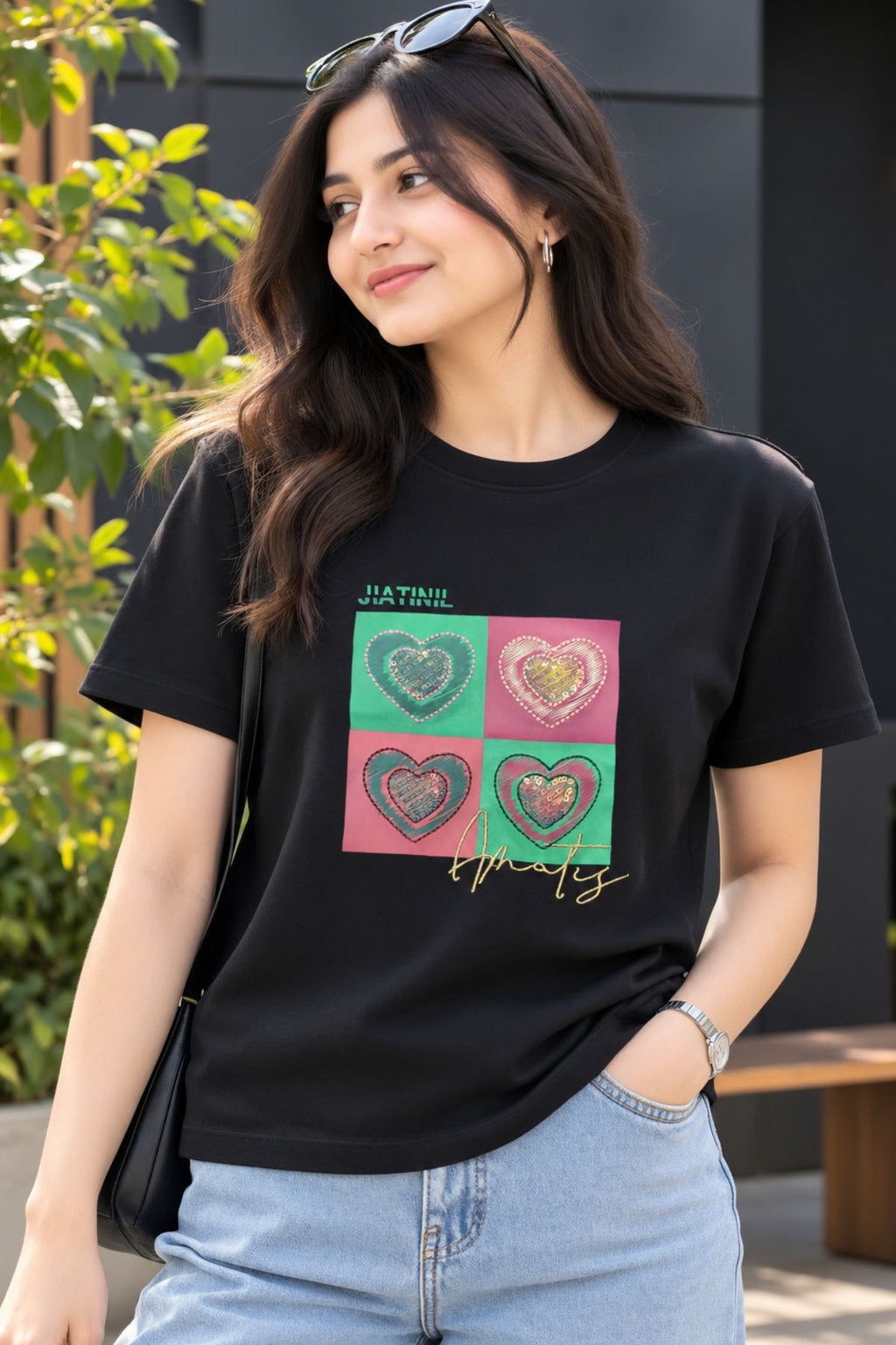Elara Black Round Neck Half Sleeve T-Shirt