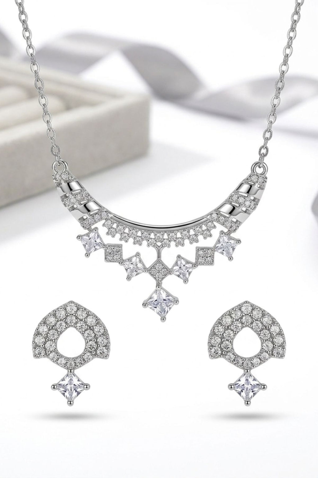 American Diamond Studded Pendant Necklace & Earrings Set