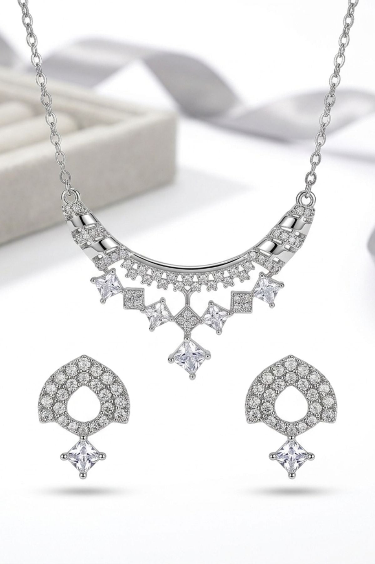 American Diamond Studded Pendant Necklace & Earrings Set
