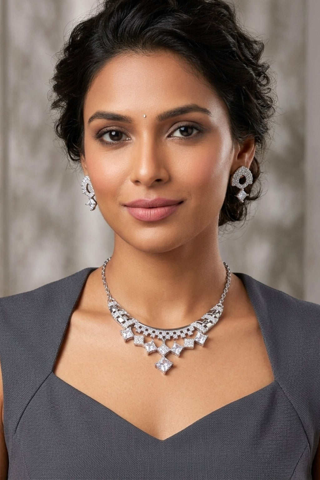 American Diamond Studded Pendant Necklace & Earrings Set