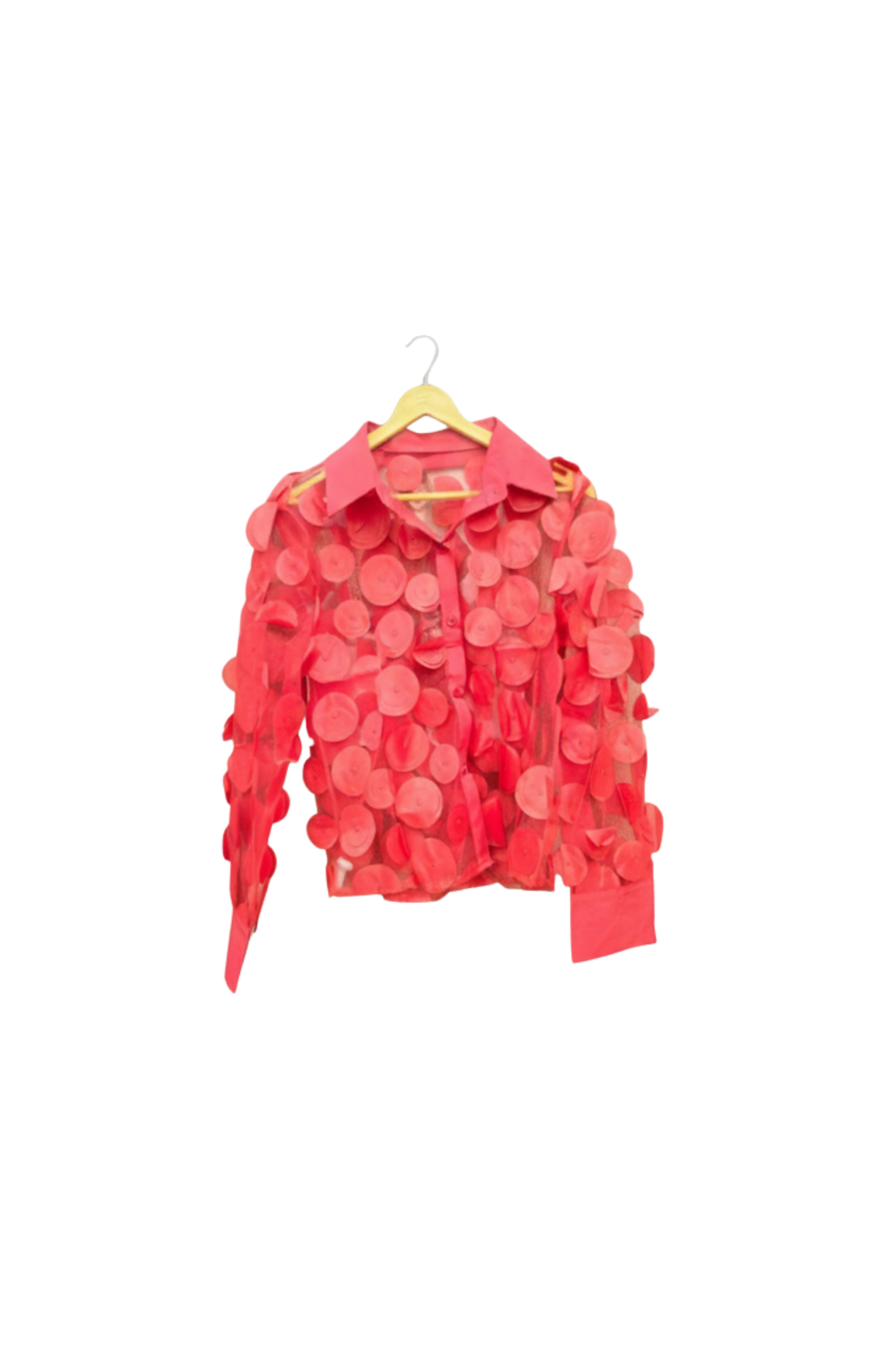 Coral Red 3D Floral Appliqué Mesh Shirt Top for Women