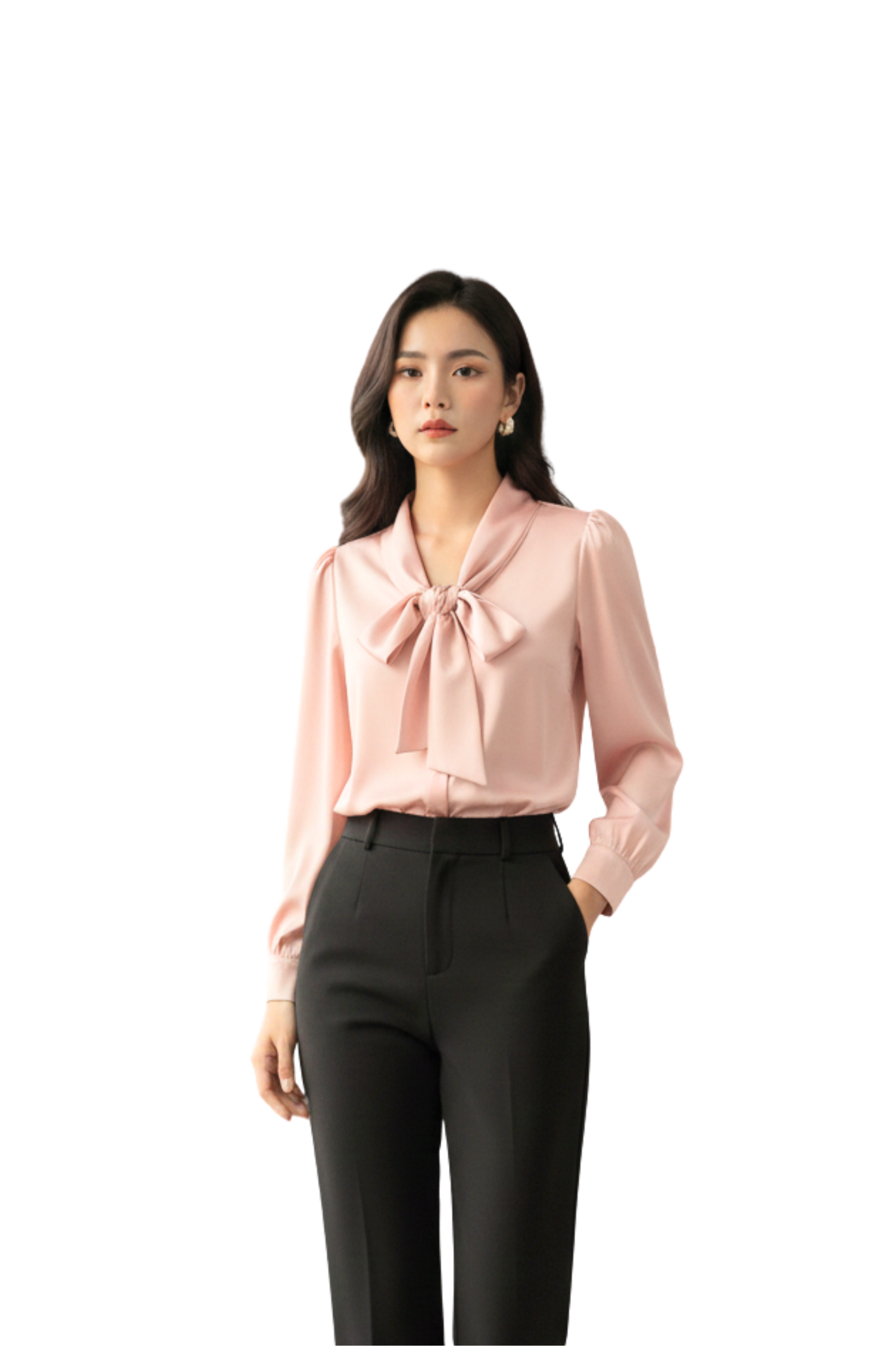 Blush Pink Elegant Bow Neck Office Wear Top for Women