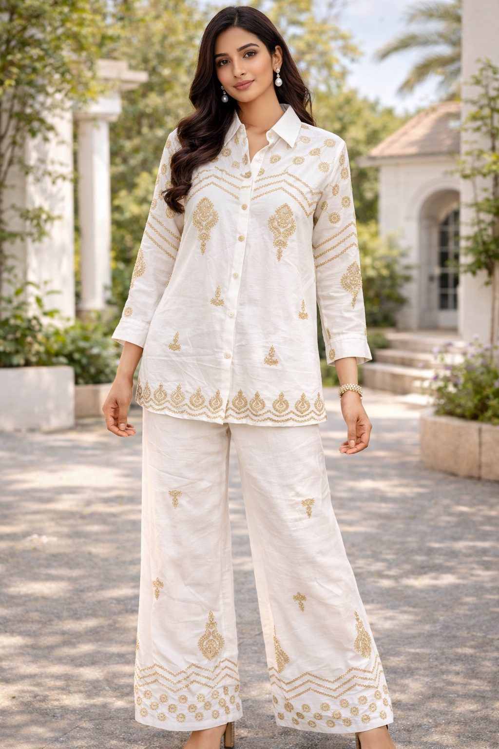 Women Off-White Traditional Motif Shirt Collar Co-Ord Set