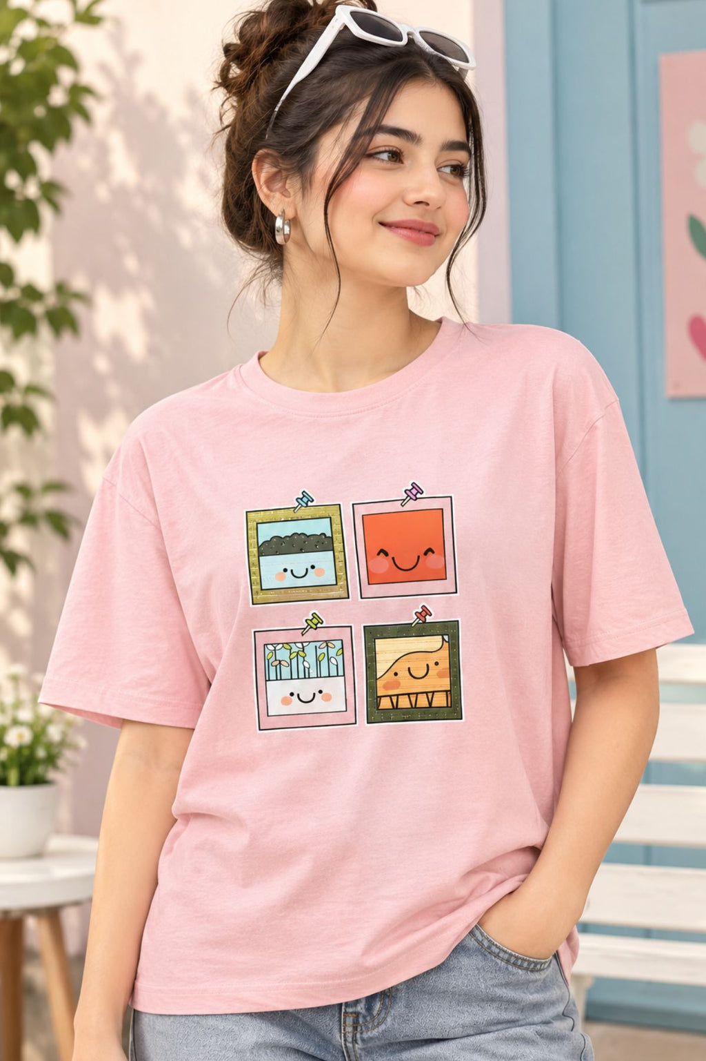 Pink Polaroid Snack Round Neck Half Sleeve T-Shirt