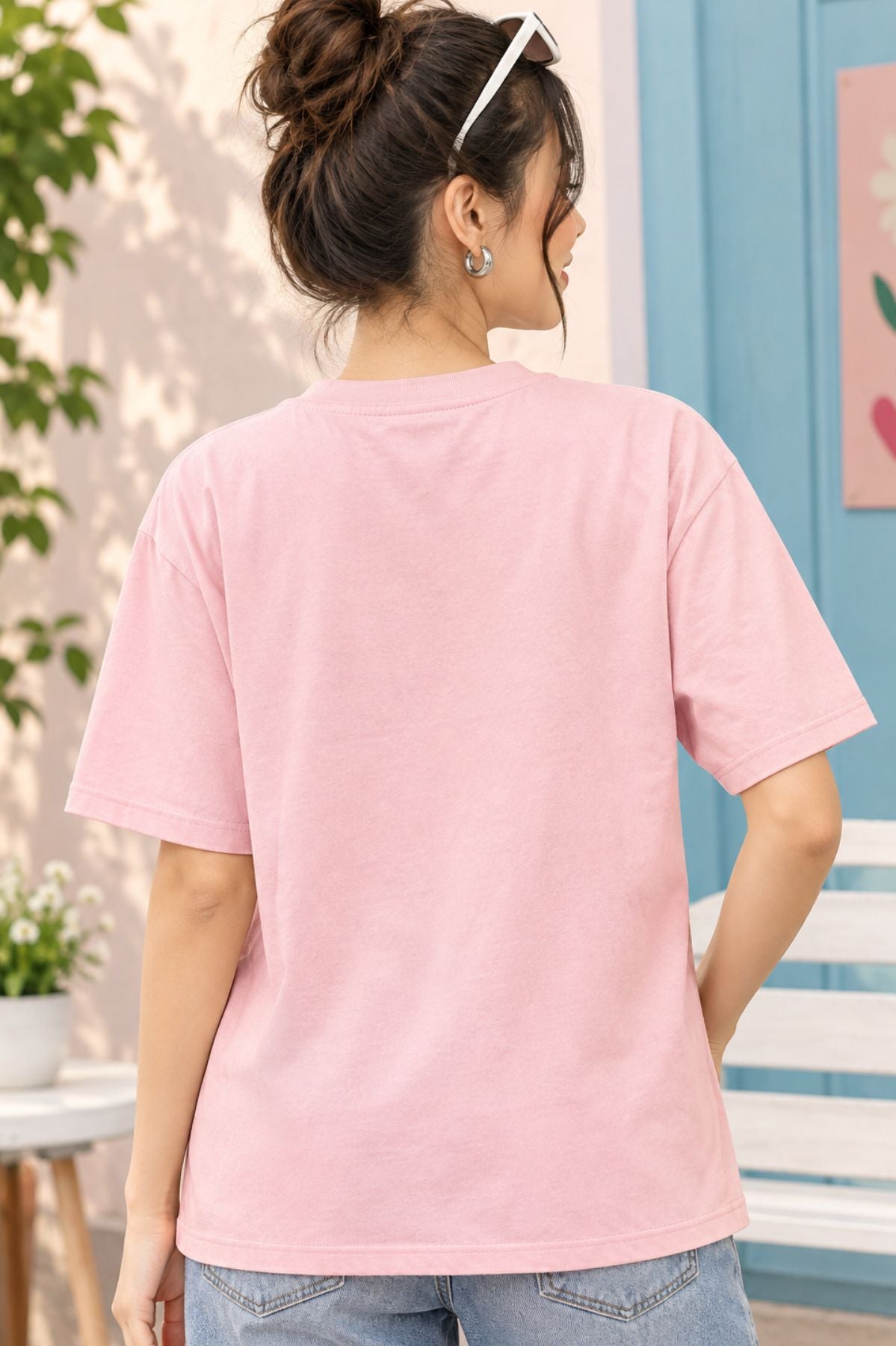 Pink Polaroid Snack Round Neck Half Sleeve T-Shirt