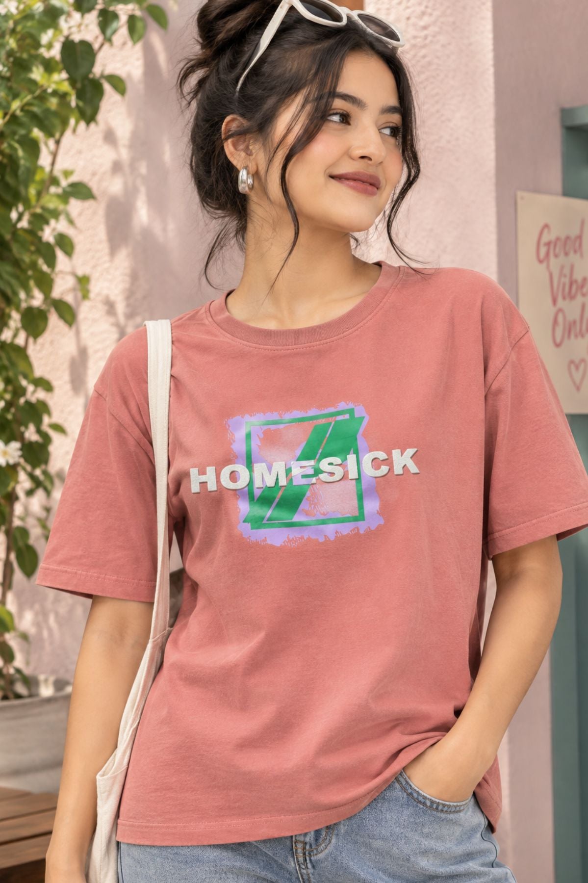 Typography Motif Dusky Pink Round Neck Half Sleeve T-Shirt