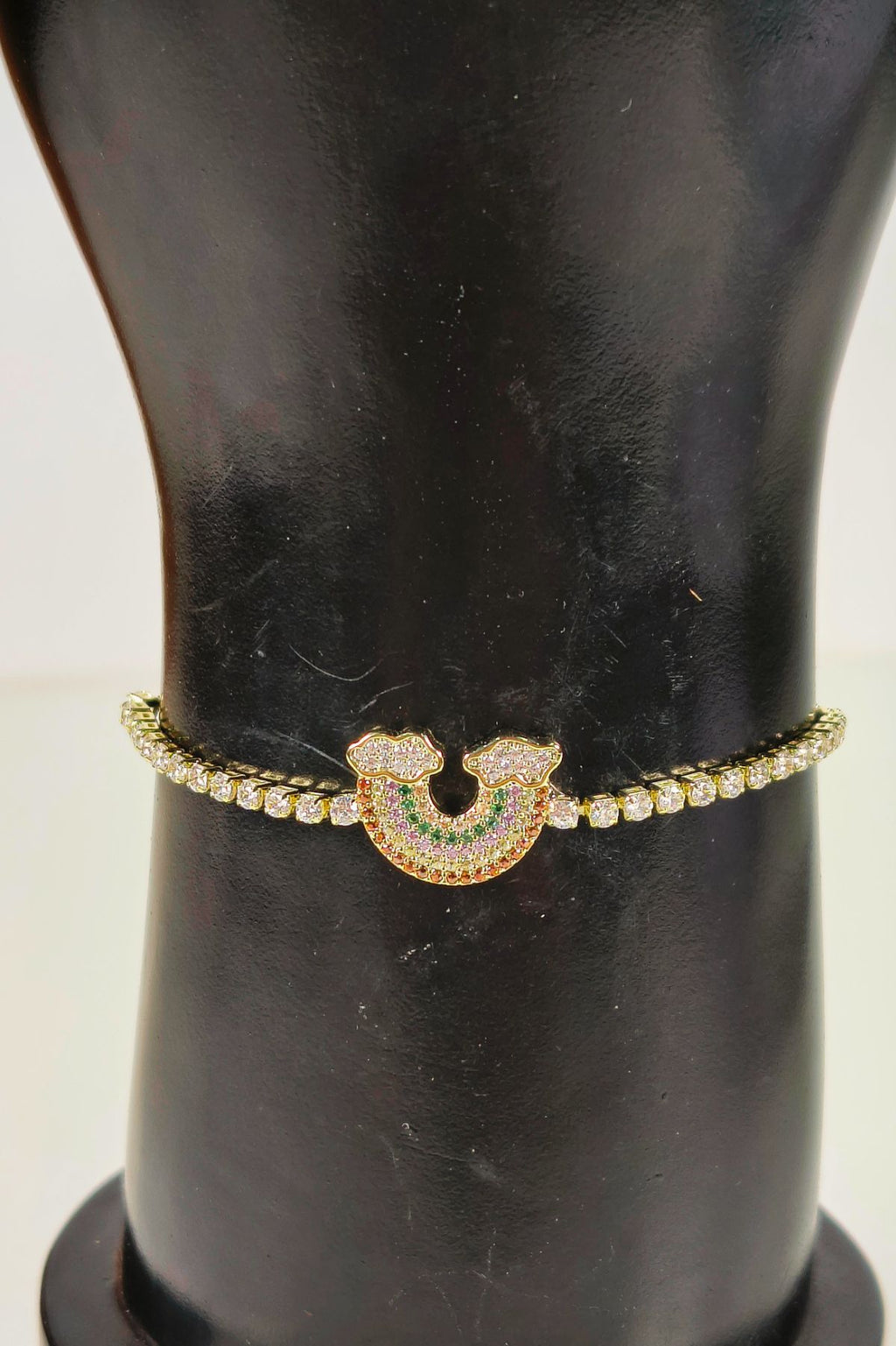 Gold-Toned Tennis Bracelet with Rainbow Pave Horseshoe Charm