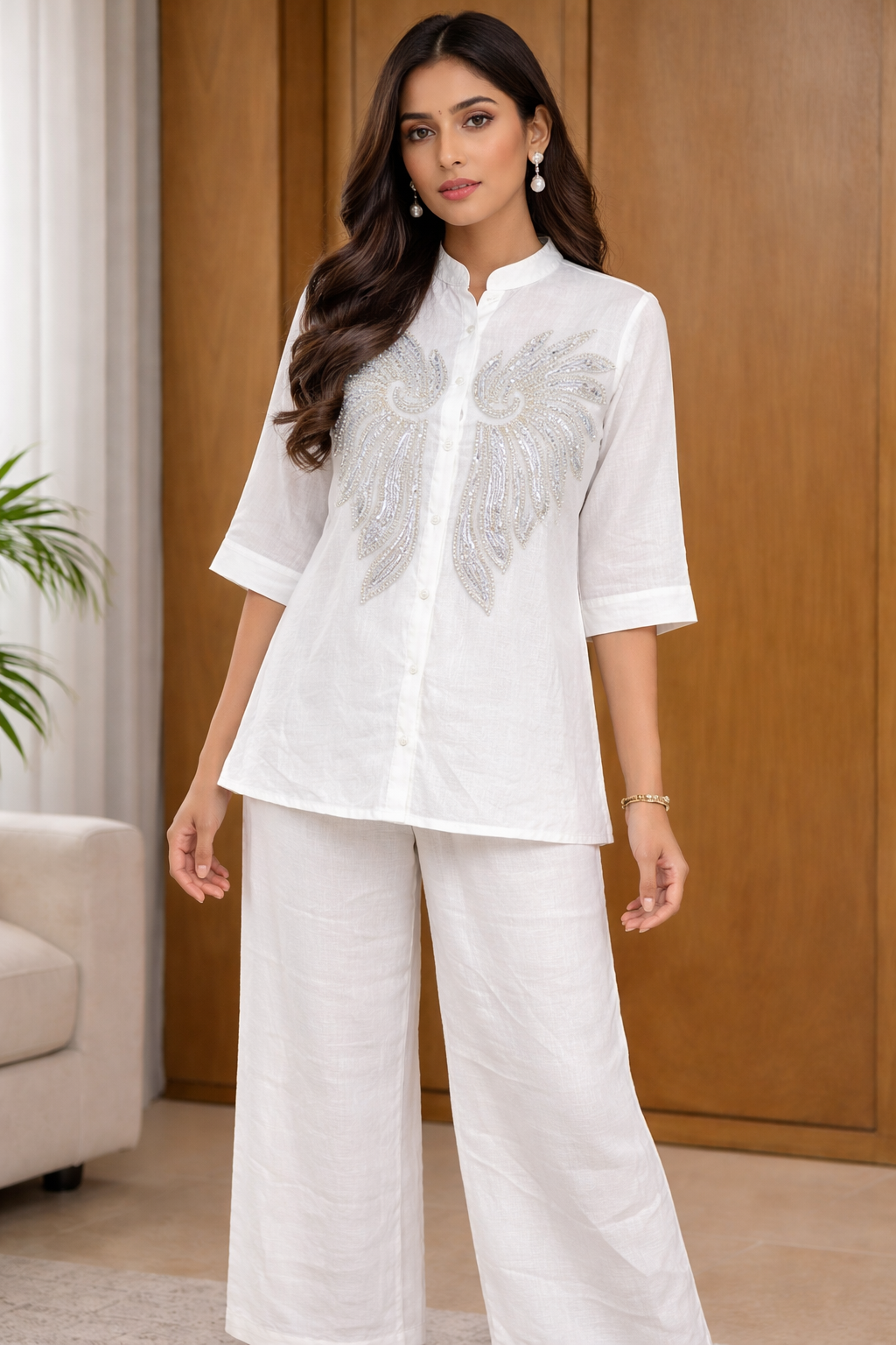 Women White Embellished Linen Blend Co-Ord Set