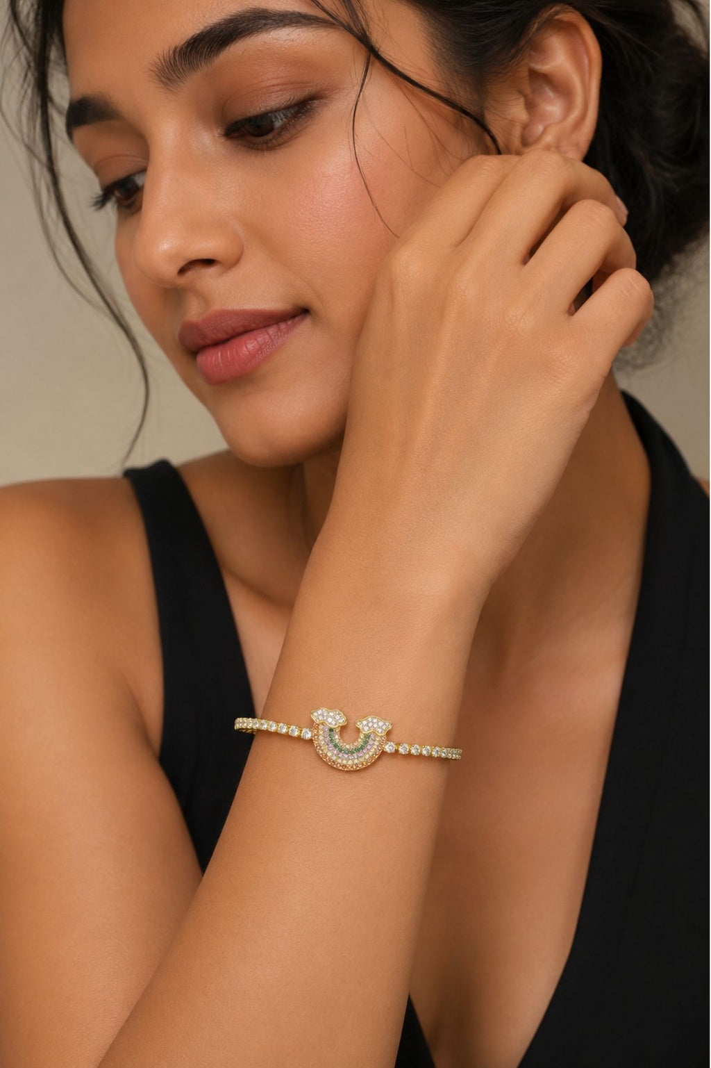 Gold-Toned Tennis Bracelet with Rainbow Pave Horseshoe Charm