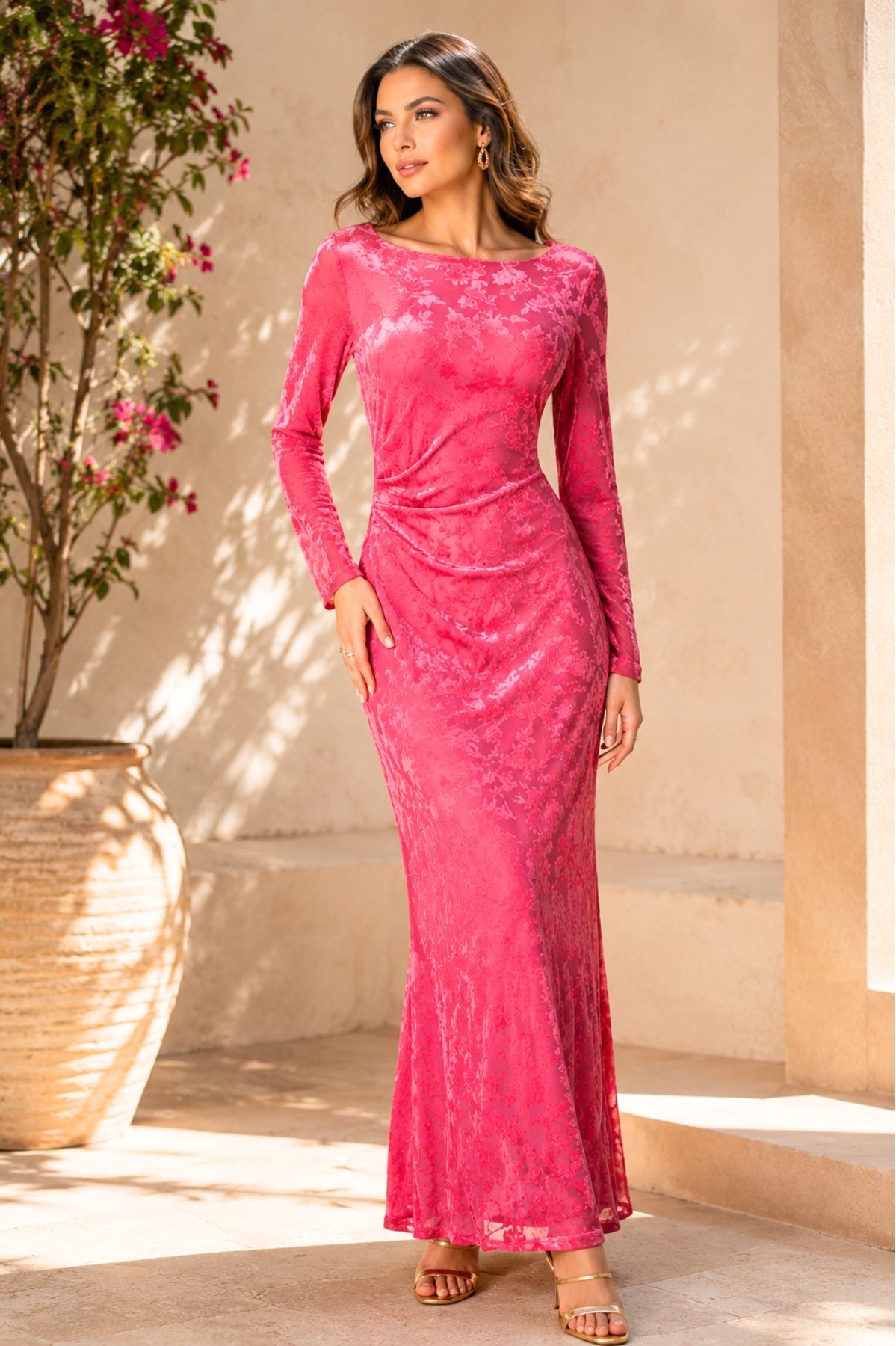 Magenta Velvet Floral Pattern Dress