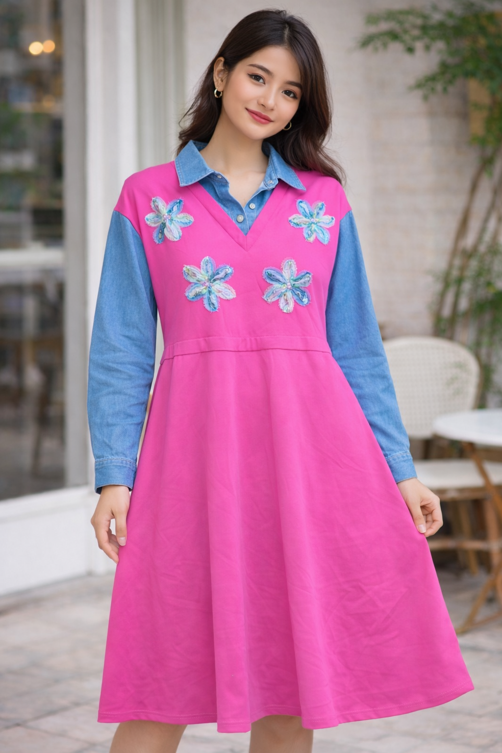 Blush Bloom Denim-Fusion Dress (Elegant • Feminine • Statement Casual)