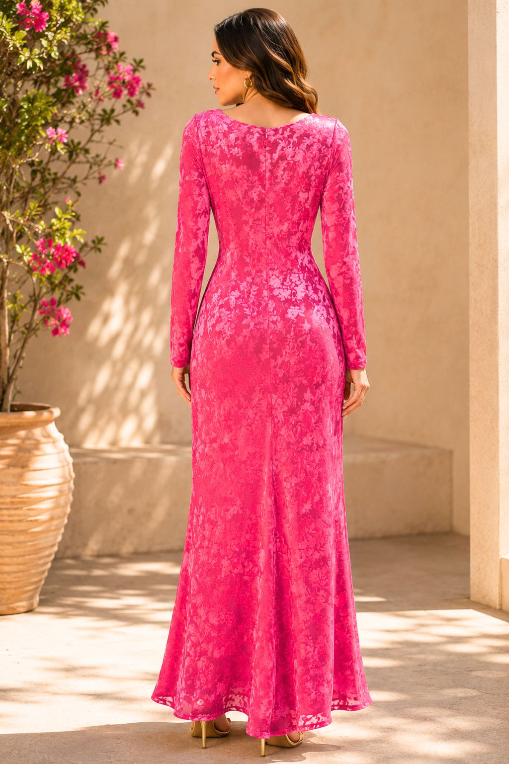 Magenta Velvet Floral Pattern Dress