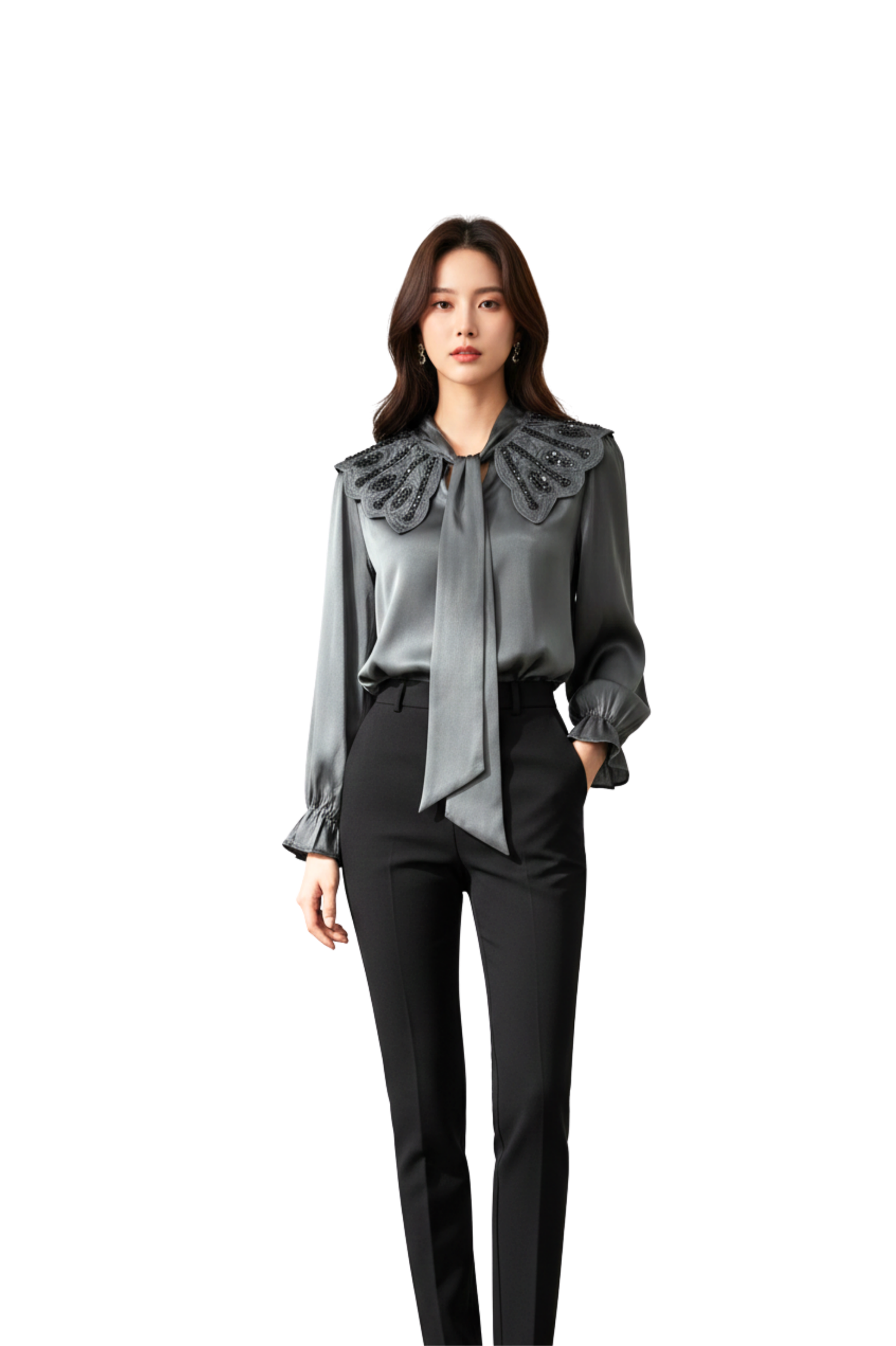 Women’s Olive Green Satin Top with Embellished Collar