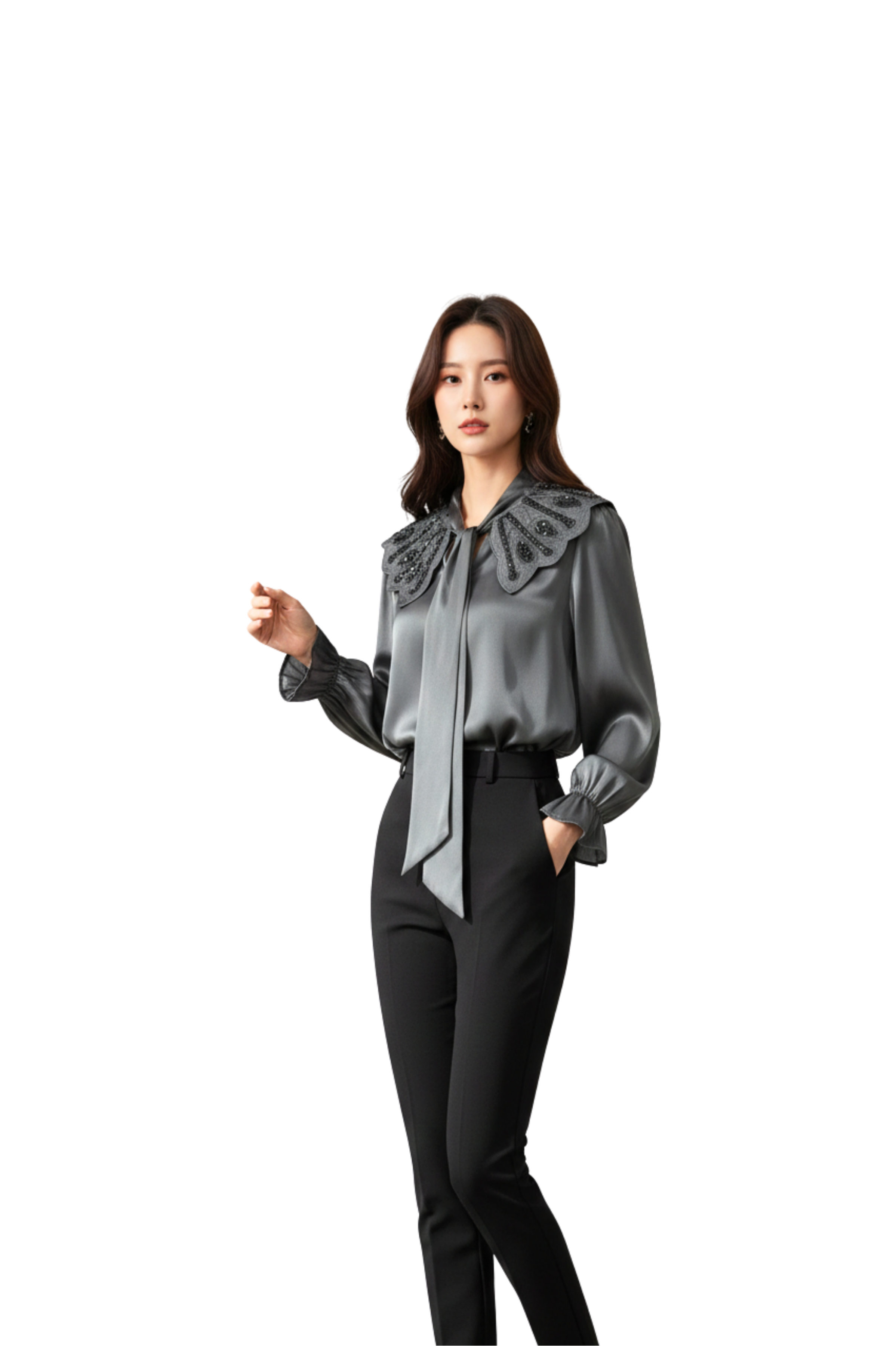 Women’s Olive Green Satin Top with Embellished Collar