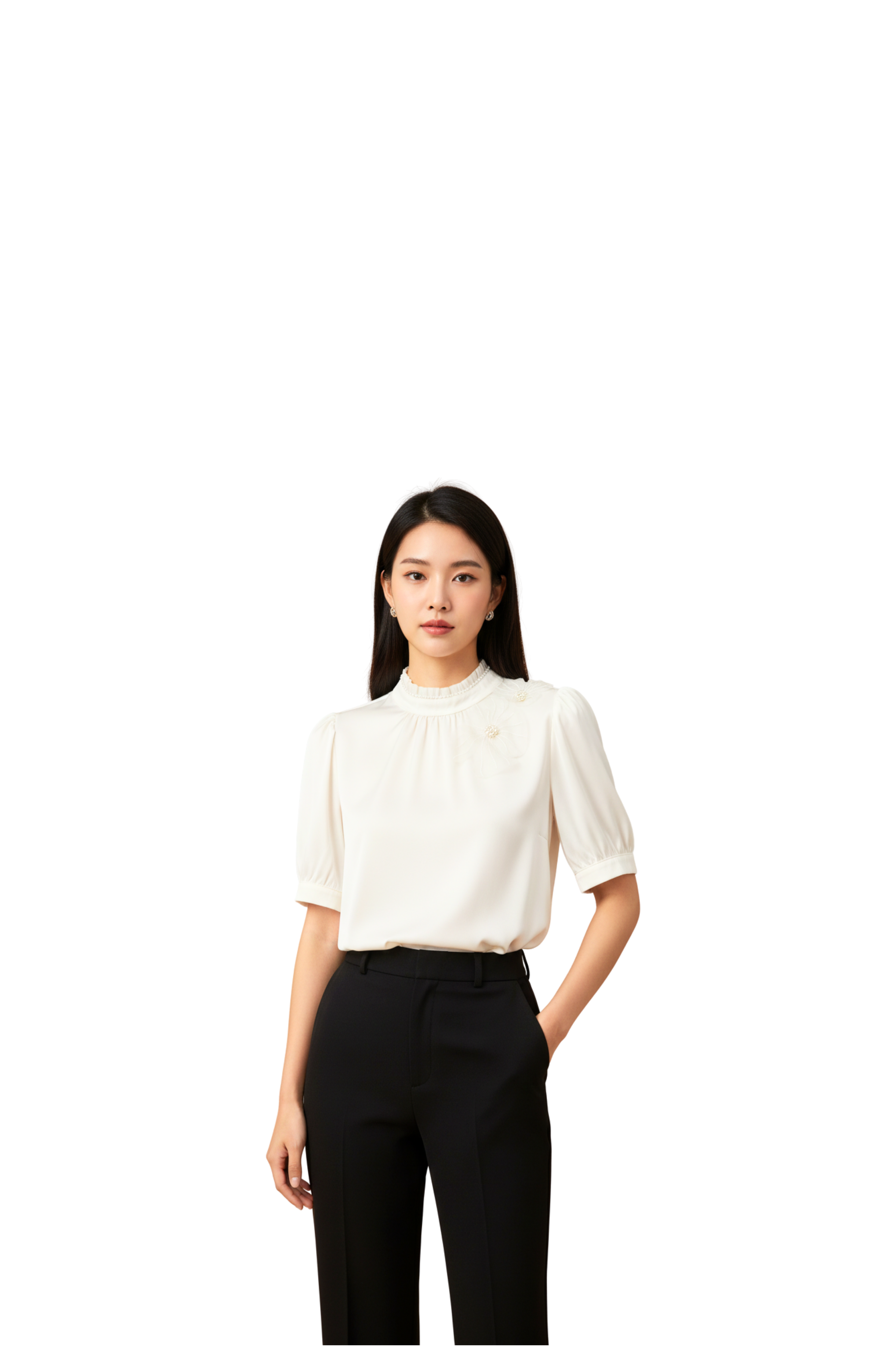 Ivory White Floral Appliqué Mock Neck Office Wear Top for Women