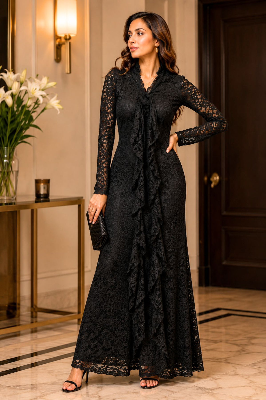 Ruffled Front Tie Lace Long-Sleeved Dress