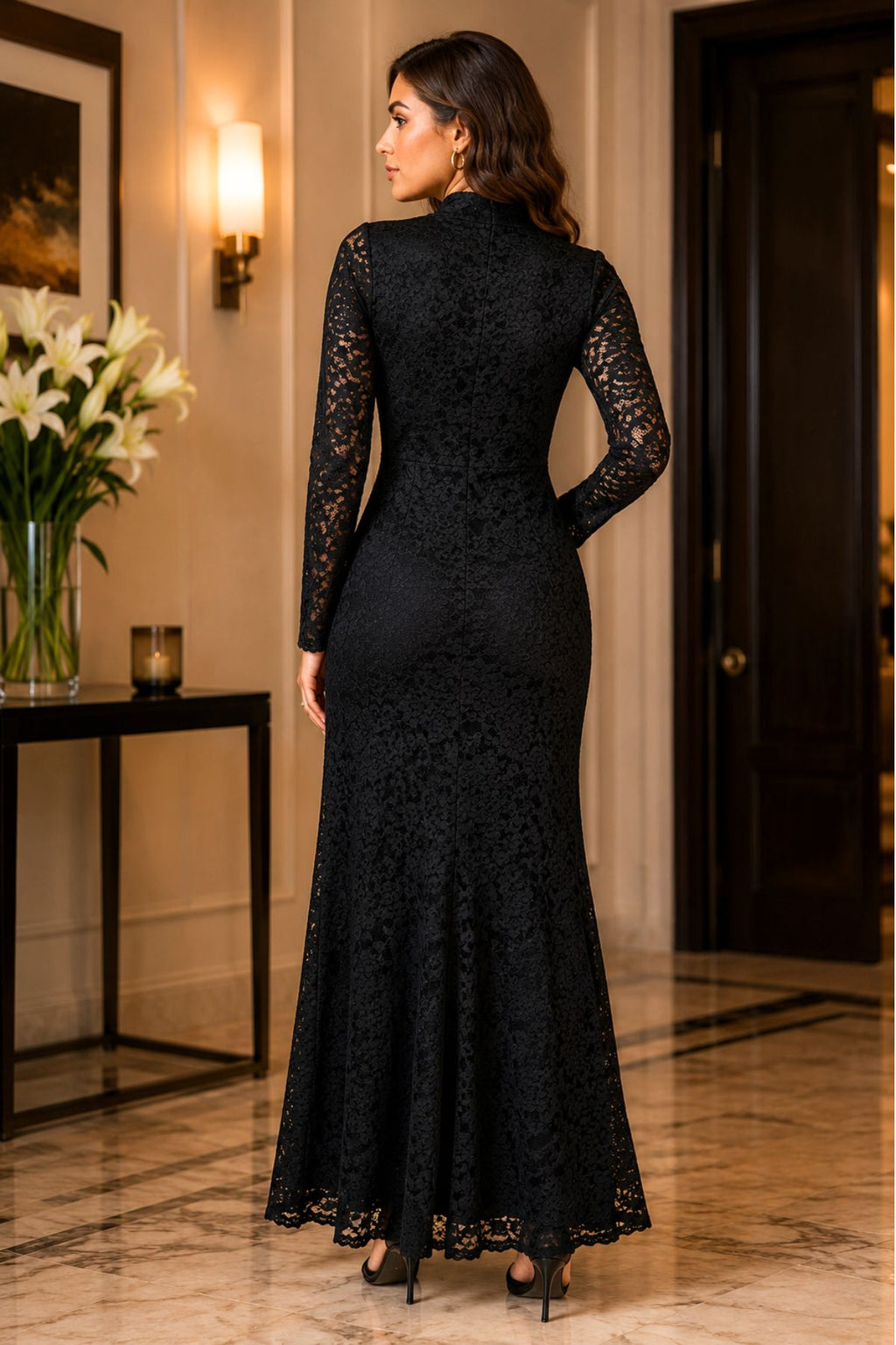 Ruffled Front Tie Lace Long-Sleeved Dress