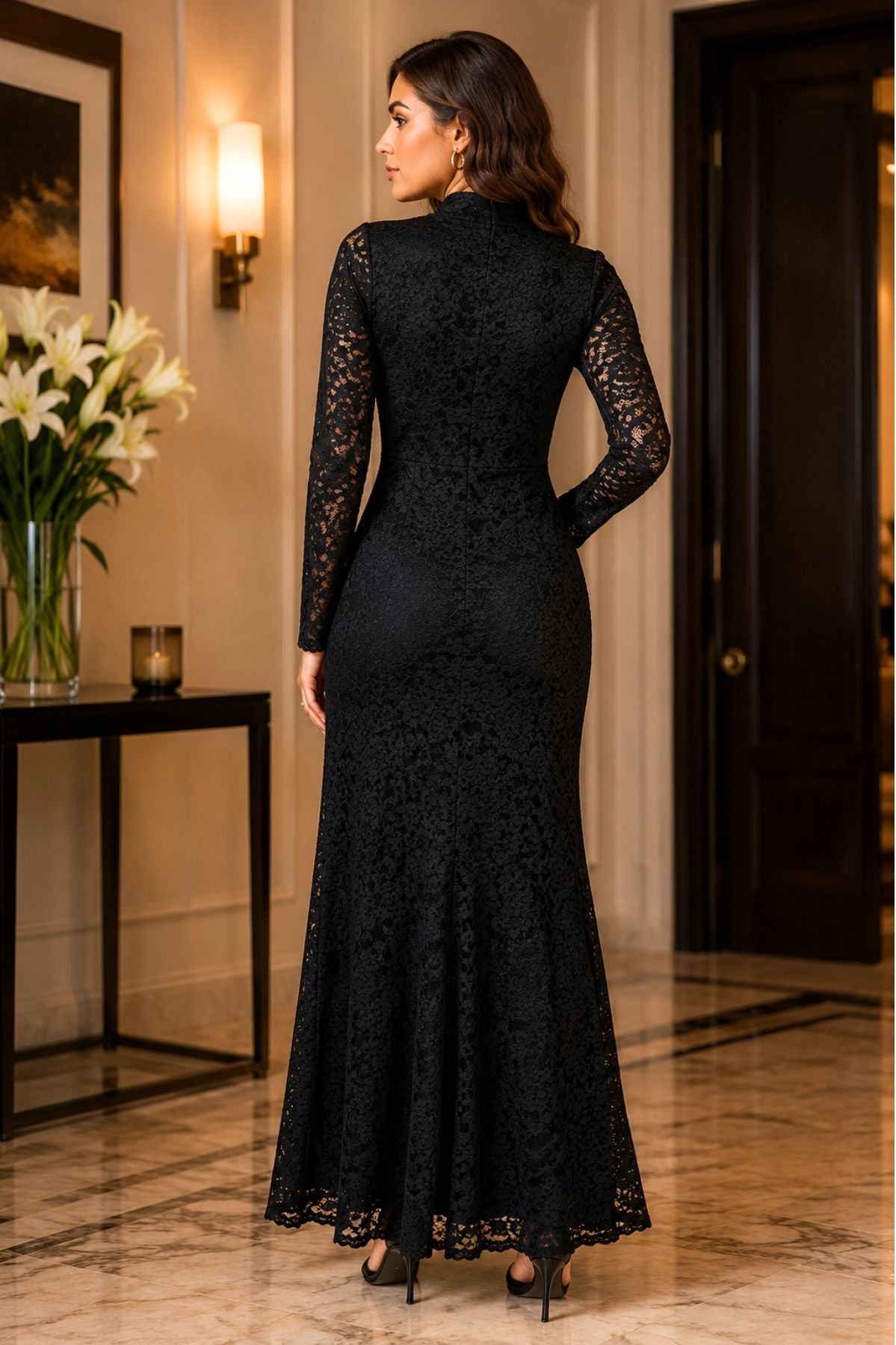 Ruffled Front Tie Lace Long-Sleeved Dress