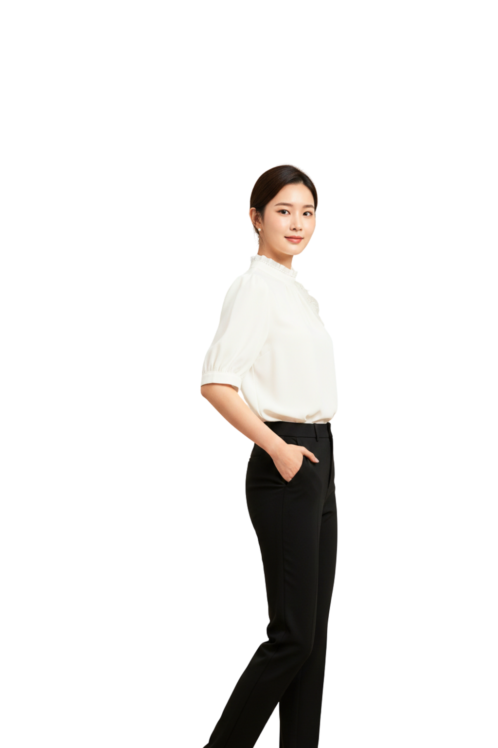 Ivory White Floral Appliqué Mock Neck Office Wear Top for Women
