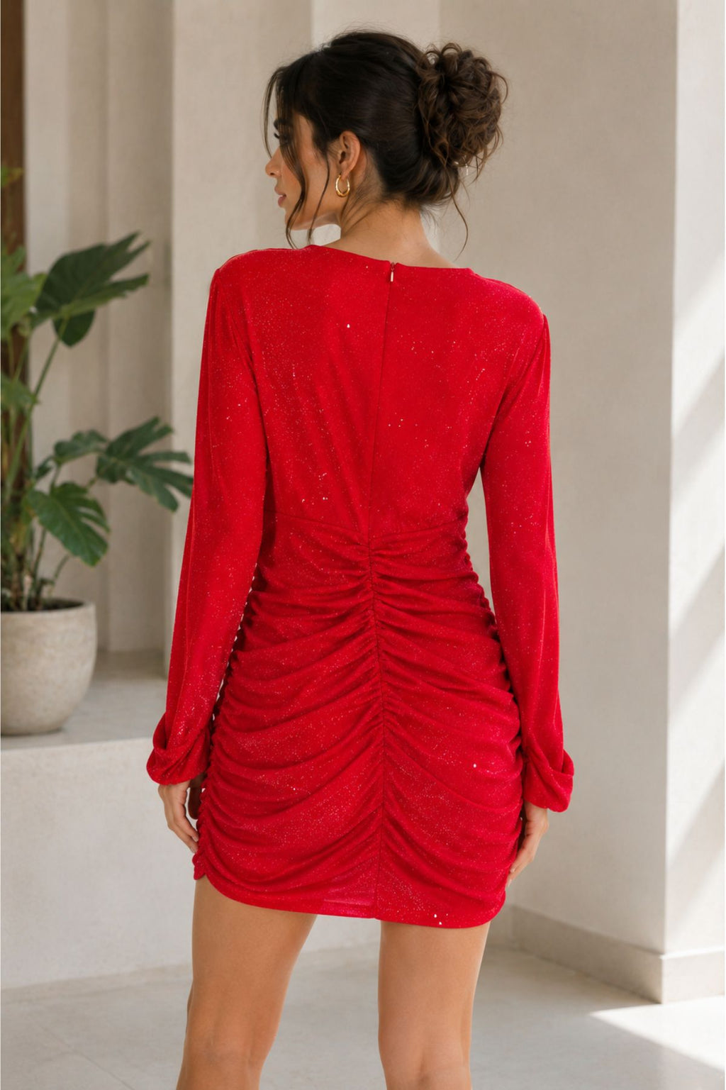 Red Shimmer Mesh Bodycon Mini Dress for Women