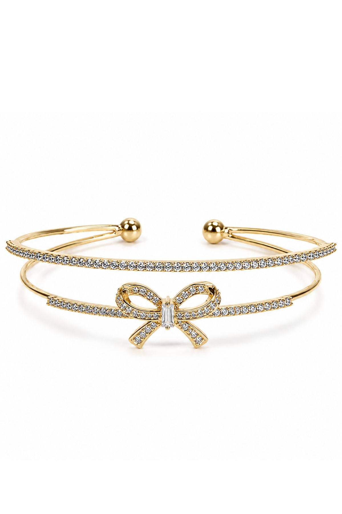 Gold-Plated Crystal Bow Kada Bracelet – Stainless Steel Bangle