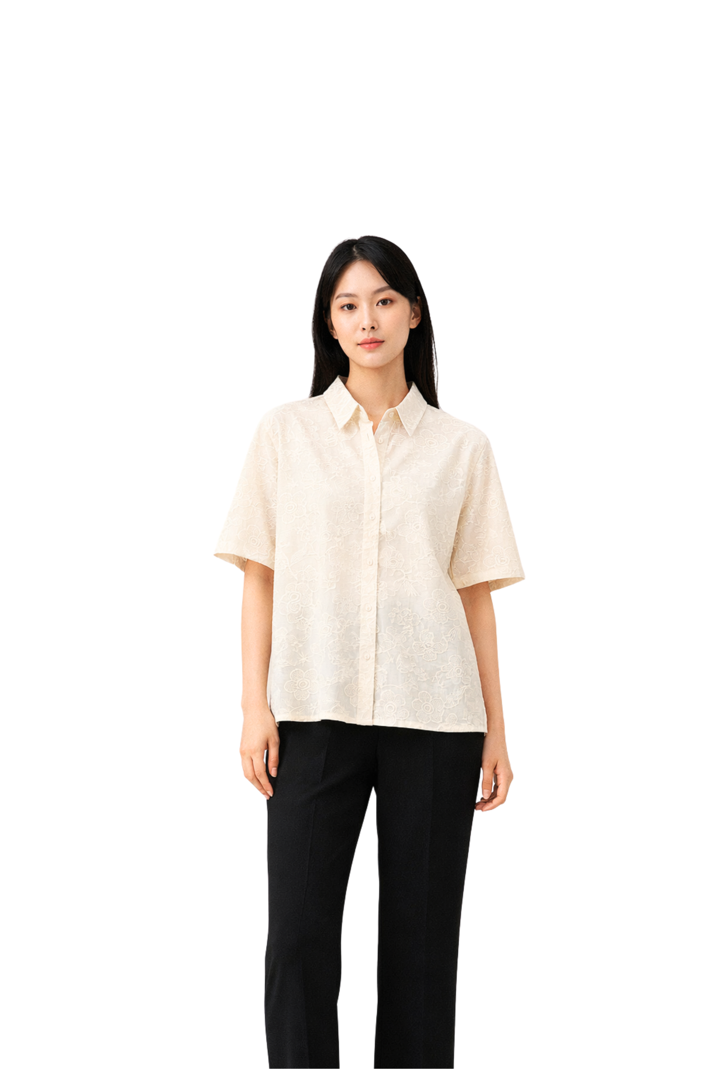 Ivory White Floral Embroidered Cotton Shirt Top for Women