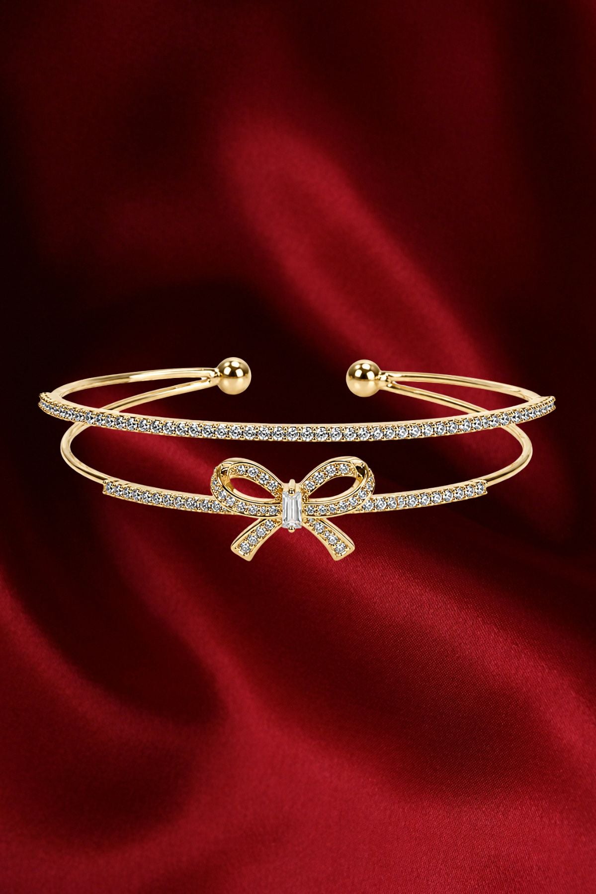 Gold-Plated Crystal Bow Kada Bracelet – Stainless Steel Bangle