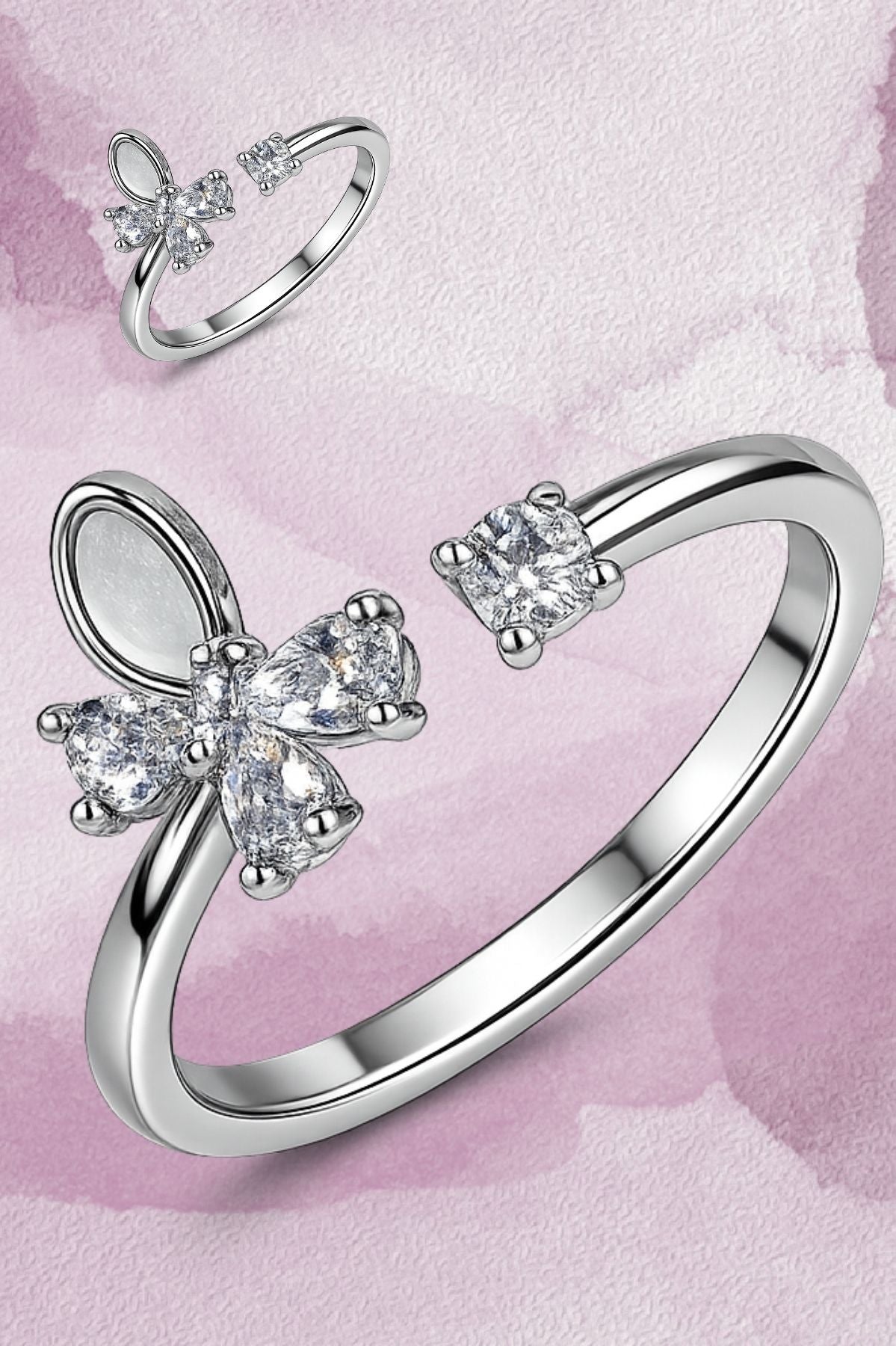 Cubic Stone Butterfly Ring – Silver Stainless Steel Ring