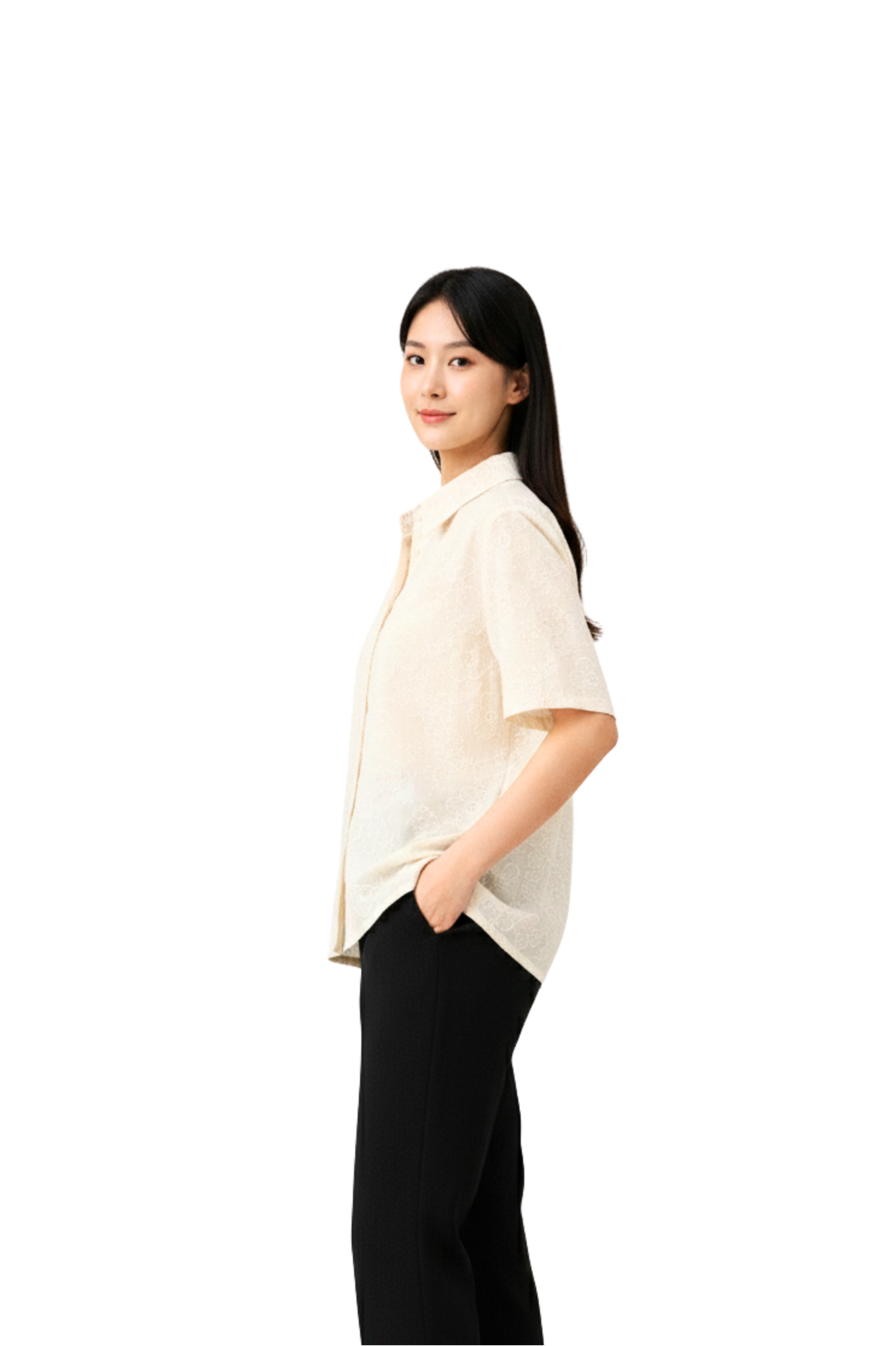 Ivory White Floral Embroidered Cotton Shirt Top for Women