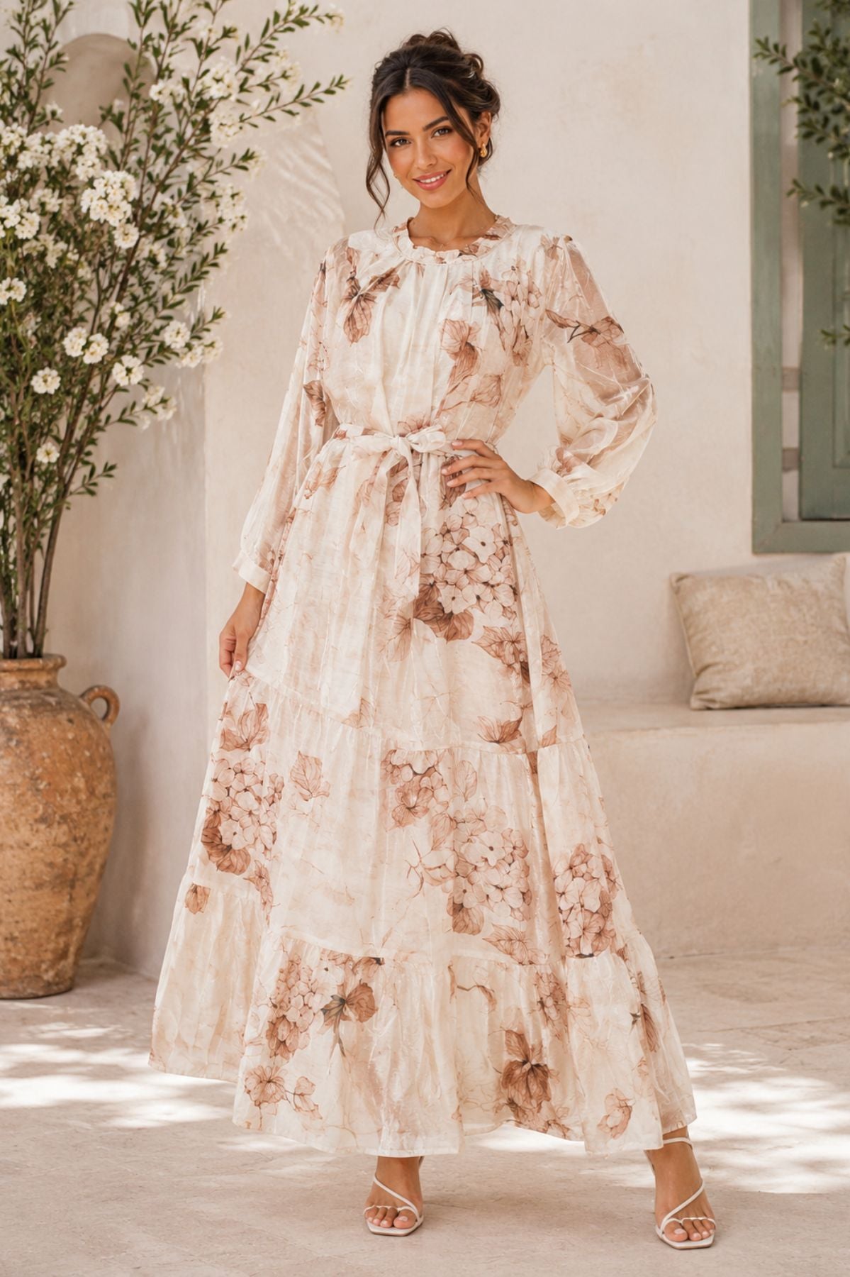 Cream Floral Print Organza Maxi Dress for Elegant Casual Style Wear