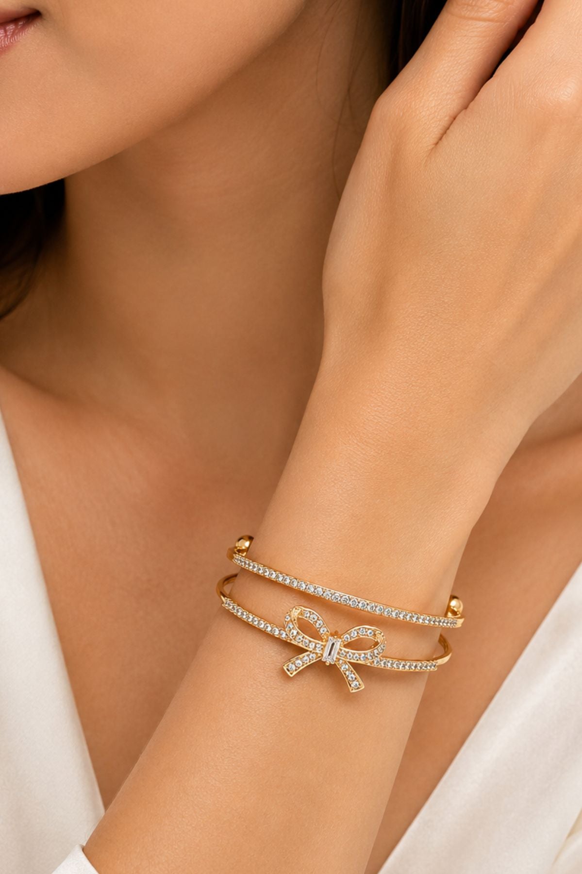Gold-Plated Crystal Bow Kada Bracelet – Stainless Steel Bangle