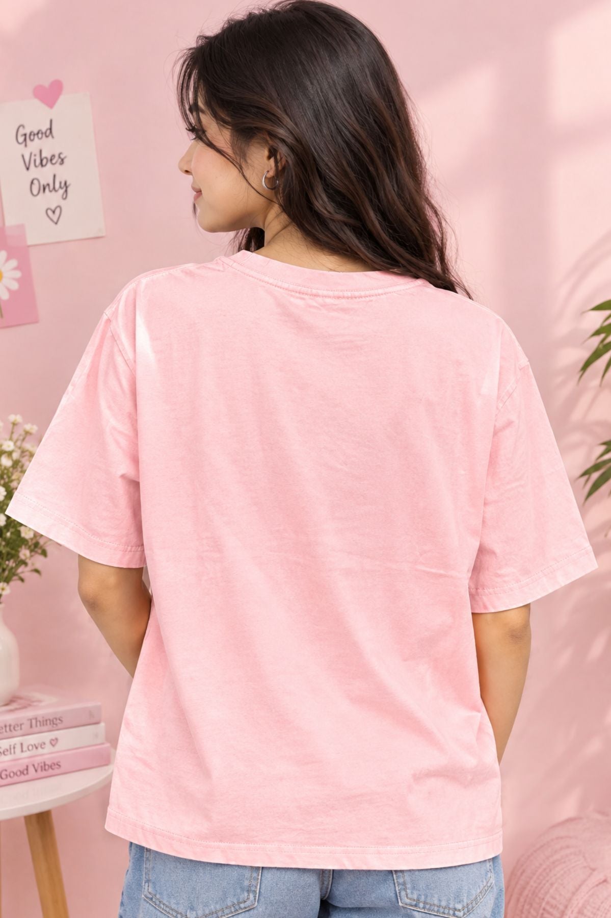 Rhea Baby Pink Round Neck Half Sleeve T-Shirt