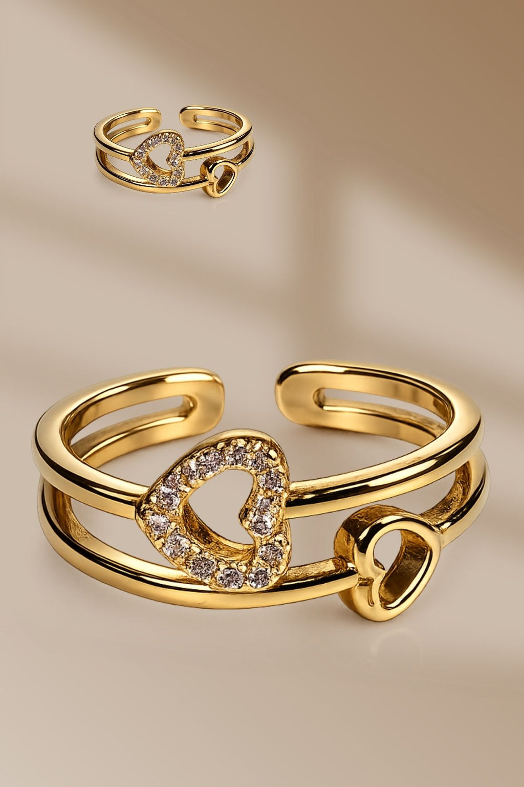 Adjustable Two Heart Ring – Gold Stainless Steel Ring