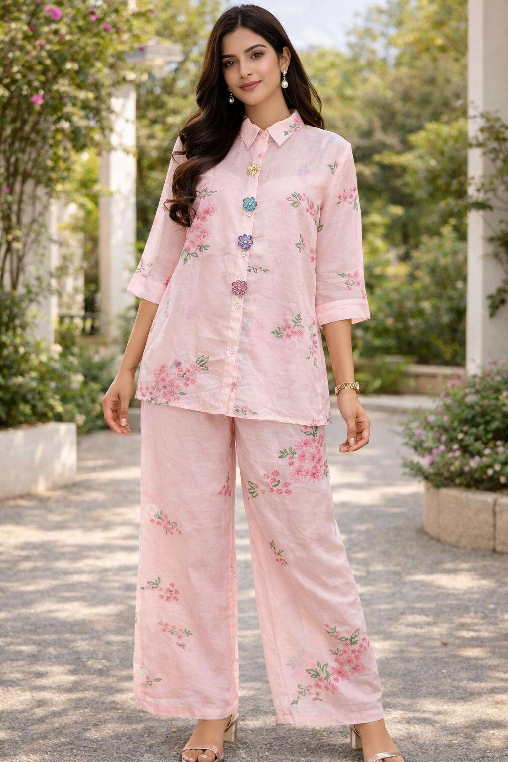 Women Pink Floral Printed Linen Blend Co-Ord Set