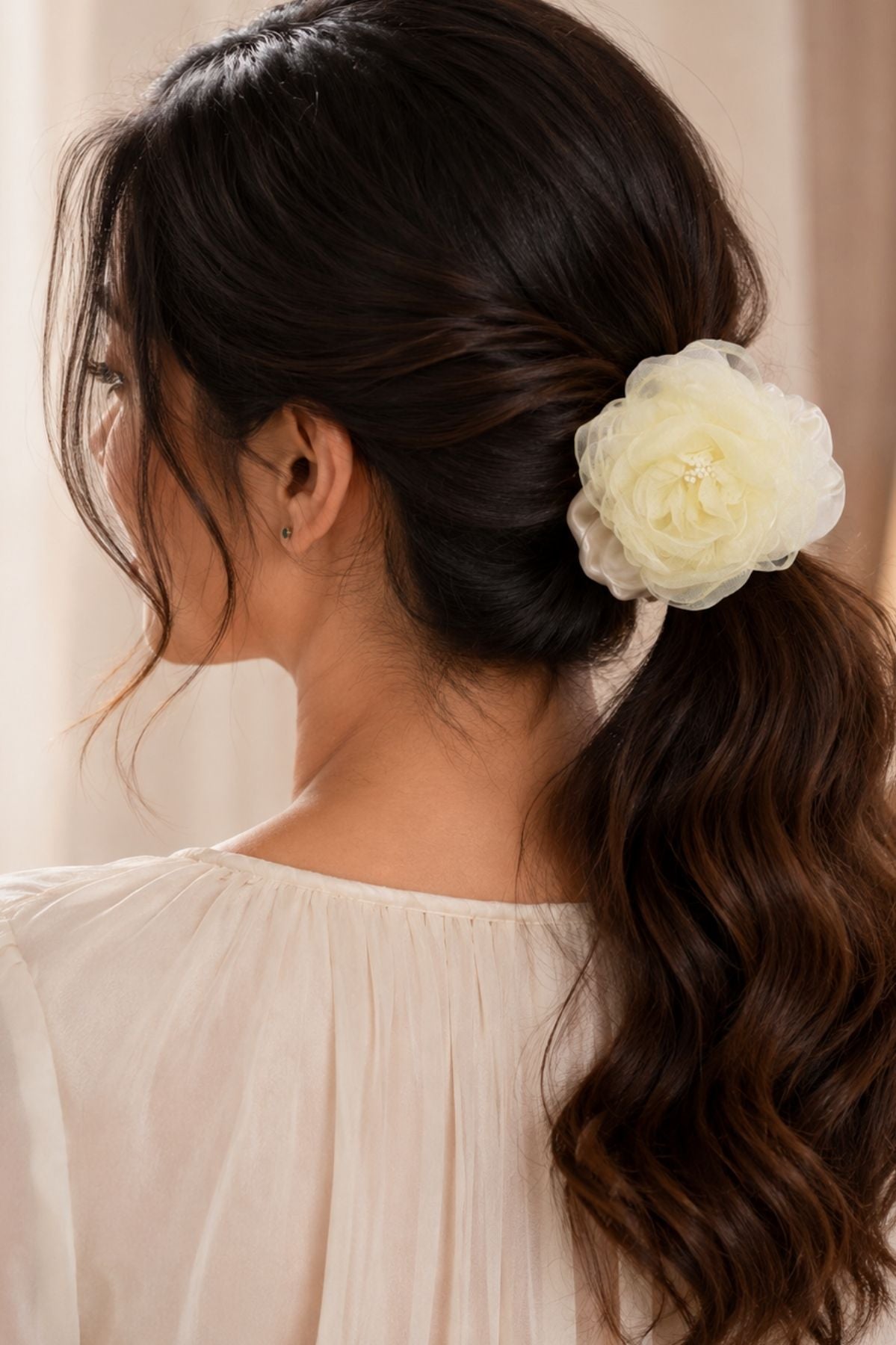 Blush Bloom Hair Tie - Elegant Sheer Mesh Floral Hair Accessory