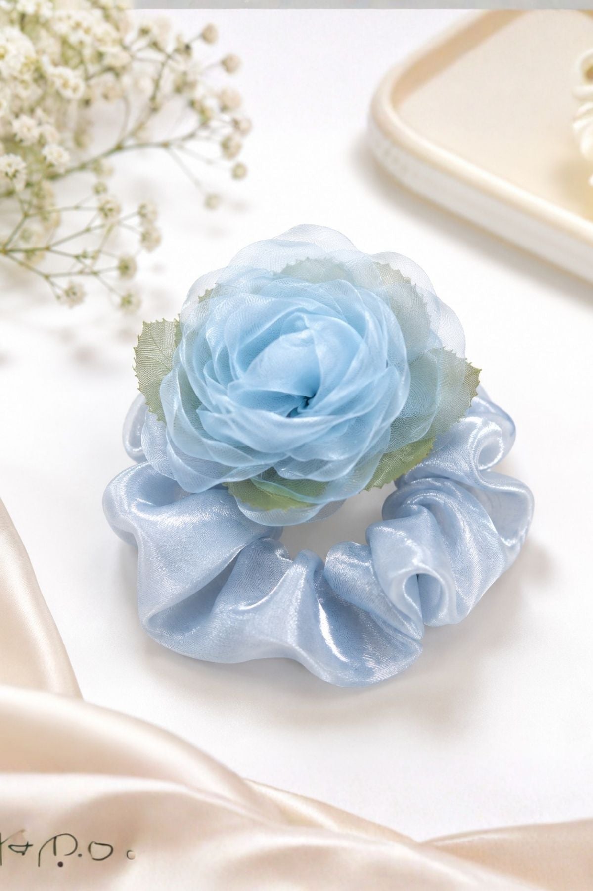 Blush Bloom Hair Tie , Blue Sheer Mesh Floral Hair Accessory