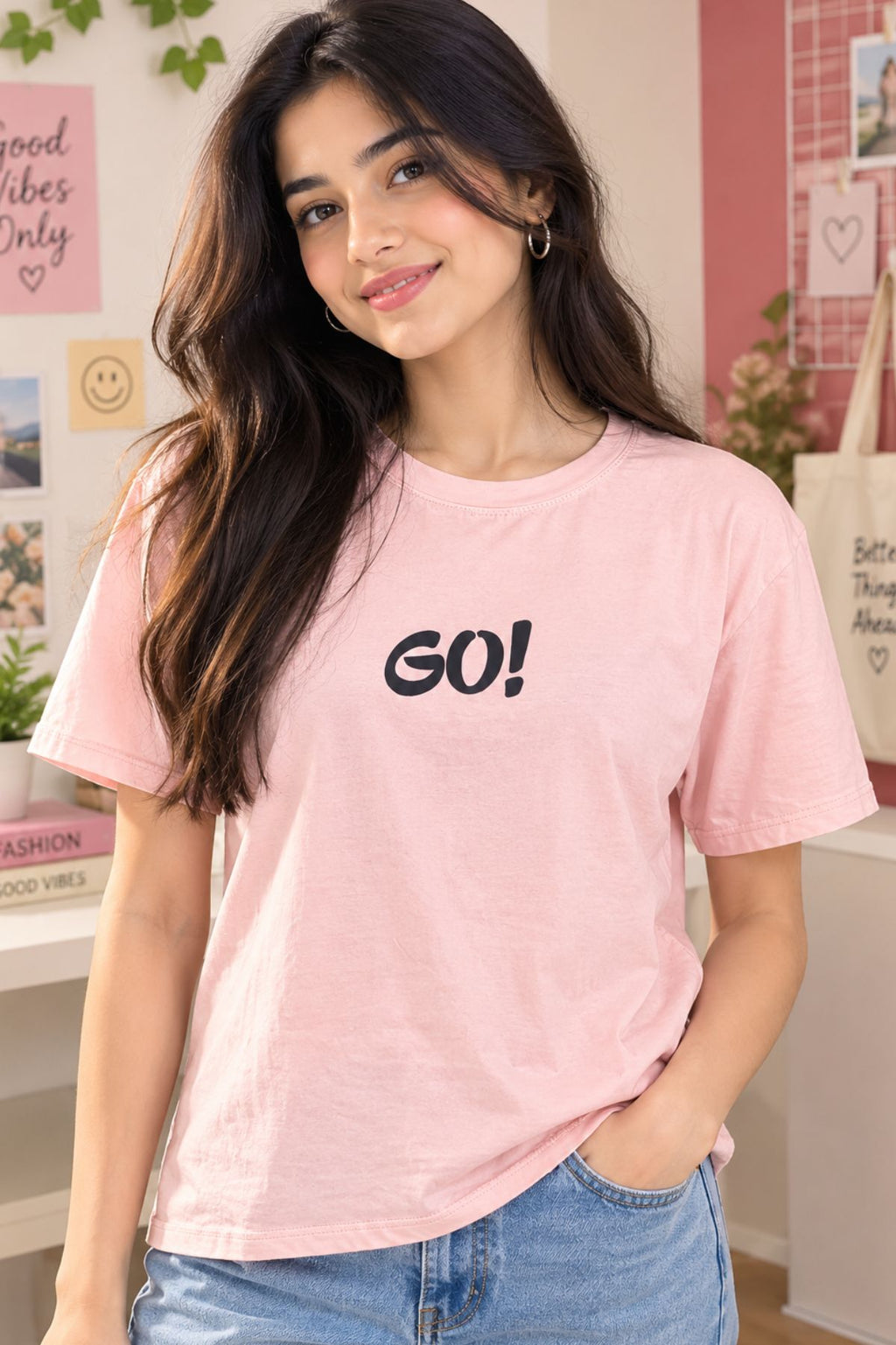 Kiara Pink Round Neck Half Sleeve T-Shirt