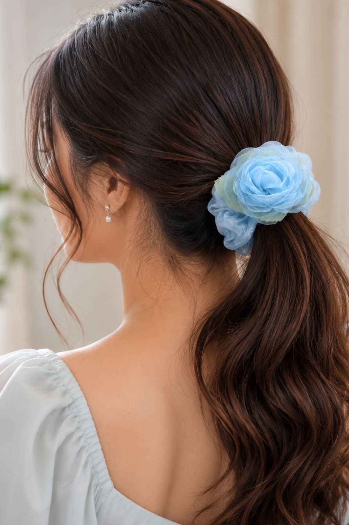 Blush Bloom Hair Tie , Blue Sheer Mesh Floral Hair Accessory