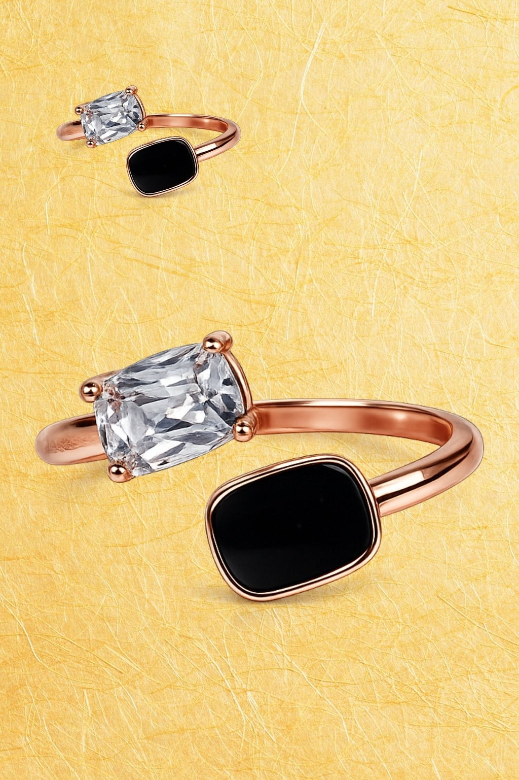 Crystal & Black Enamel Rose Gold Ring – Stainless Steel Ring