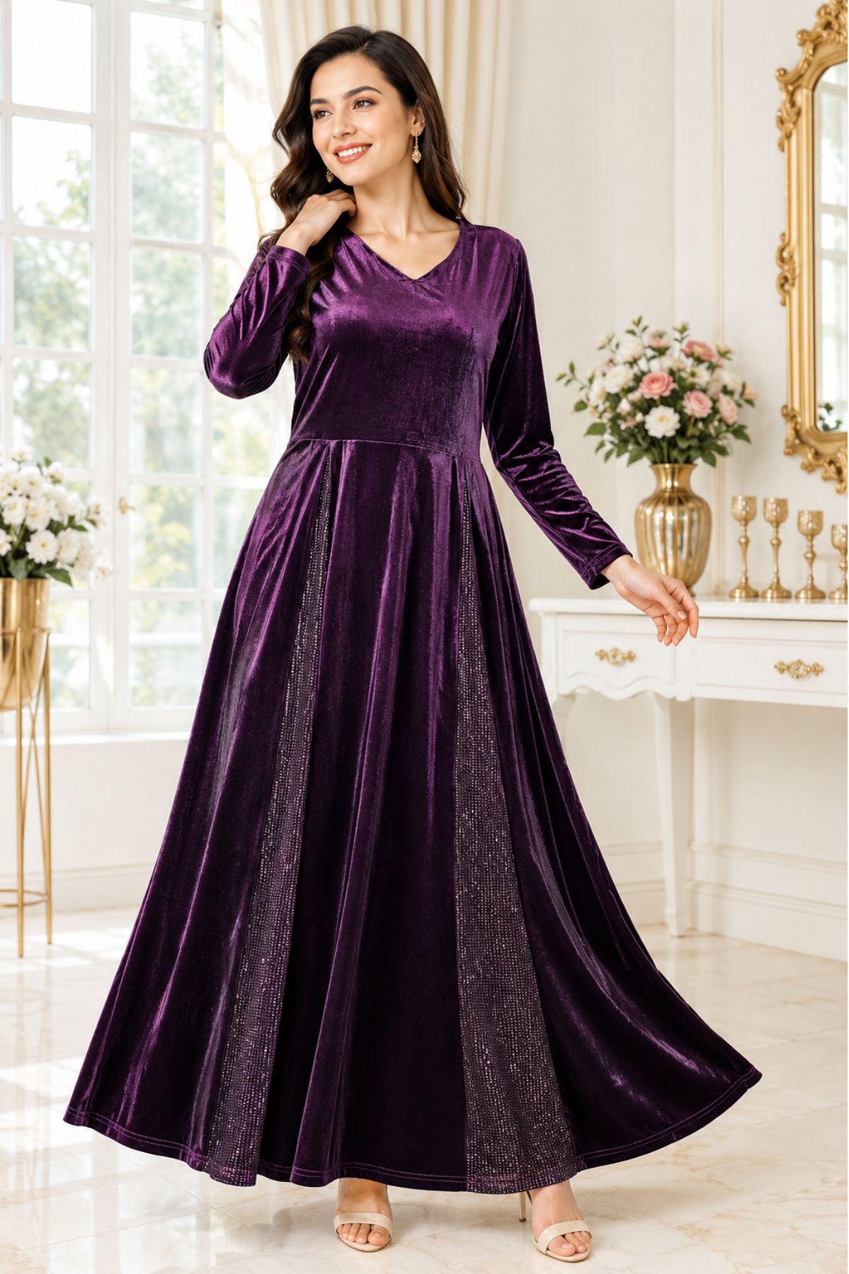 Deep Purple Velvet Long-Sleeve Long Dress