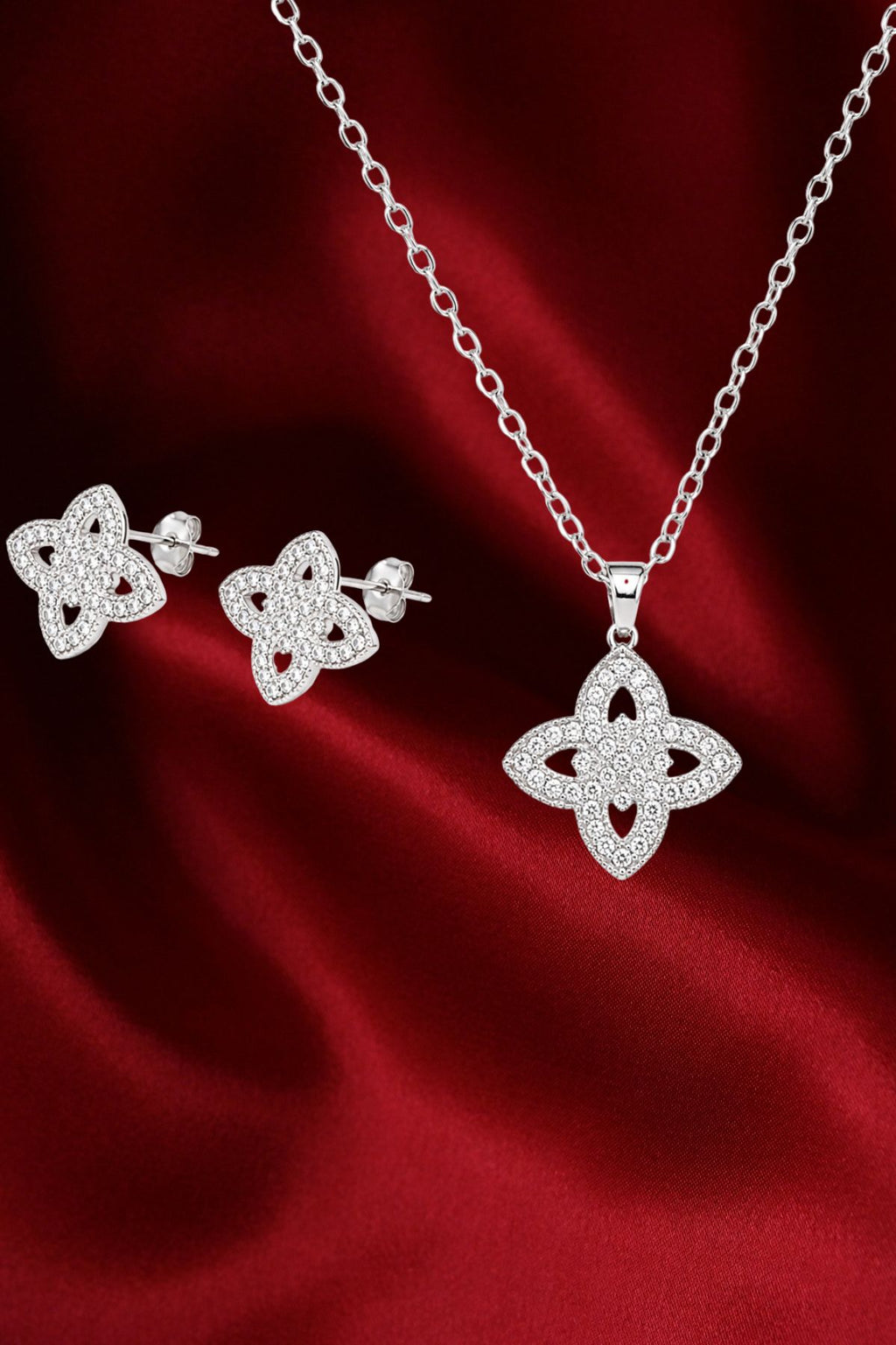 Four-Leaf Crystal Pendant Necklace & Earrings Set Silver Jewelry
