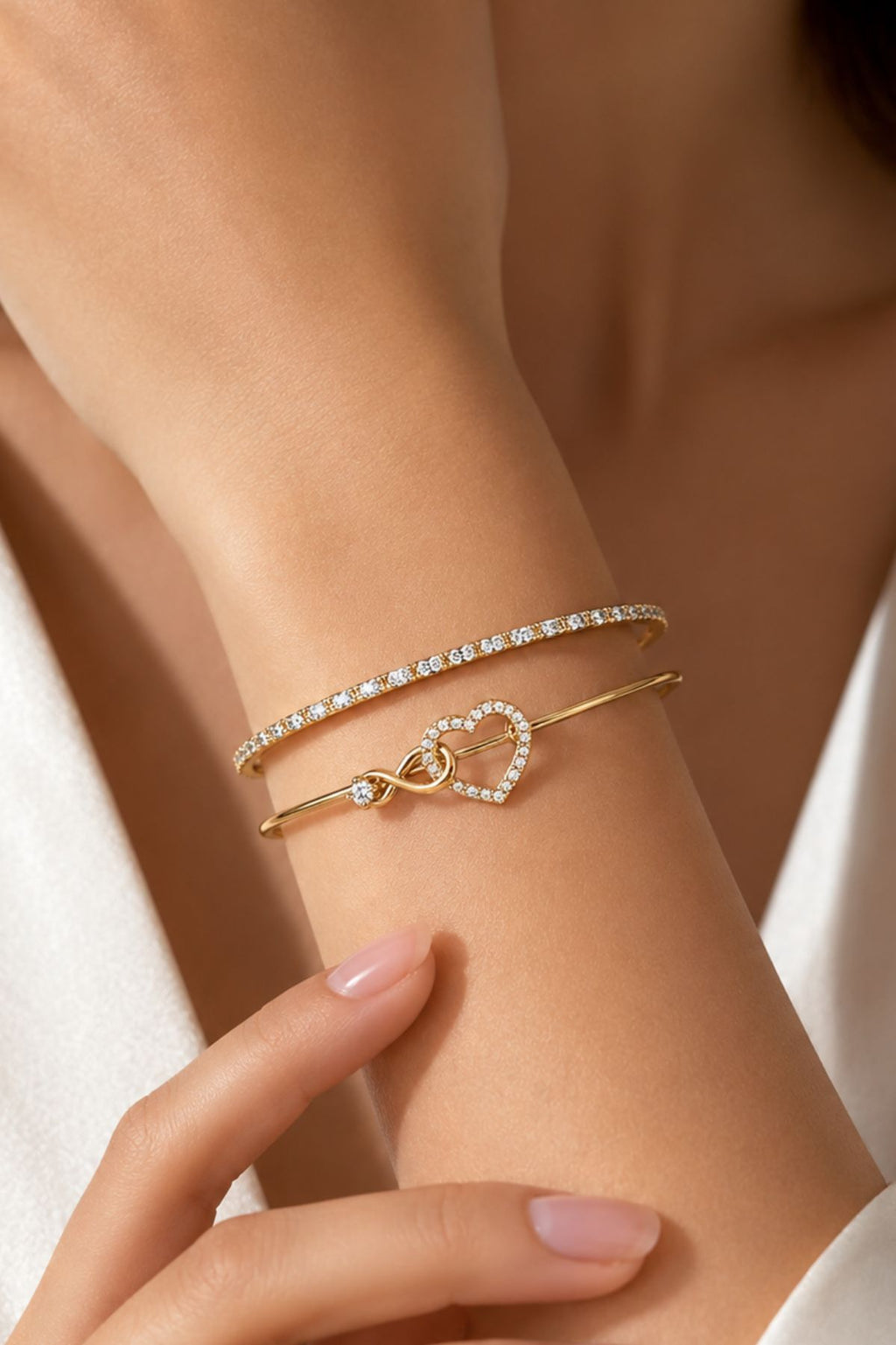 Gold Crystal Diamond Heart Cuff Kada – Stainless Steel Bracelet