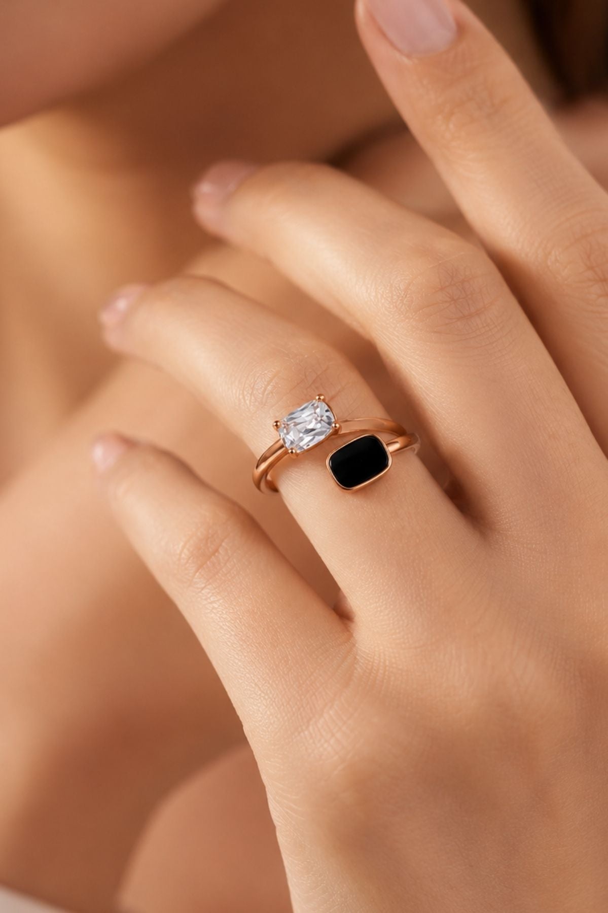 Crystal & Black Enamel Rose Gold Ring – Stainless Steel Ring