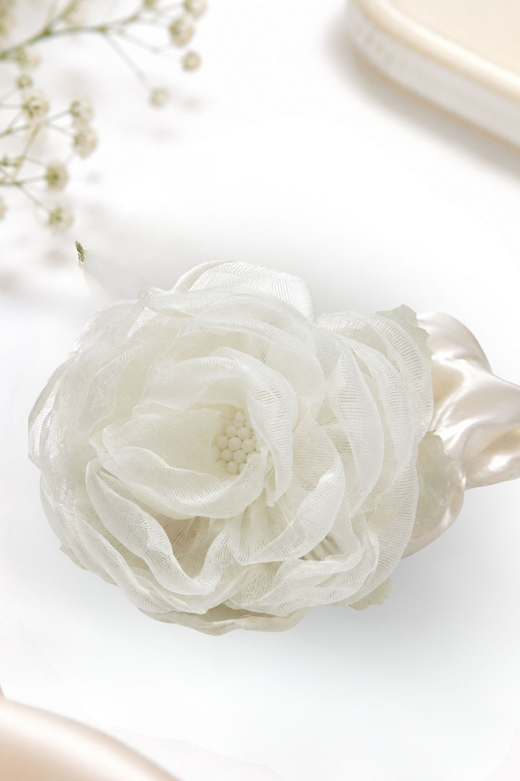 Blush Bloom Hair Tie, White Sheer Mesh Floral Hair Accessory