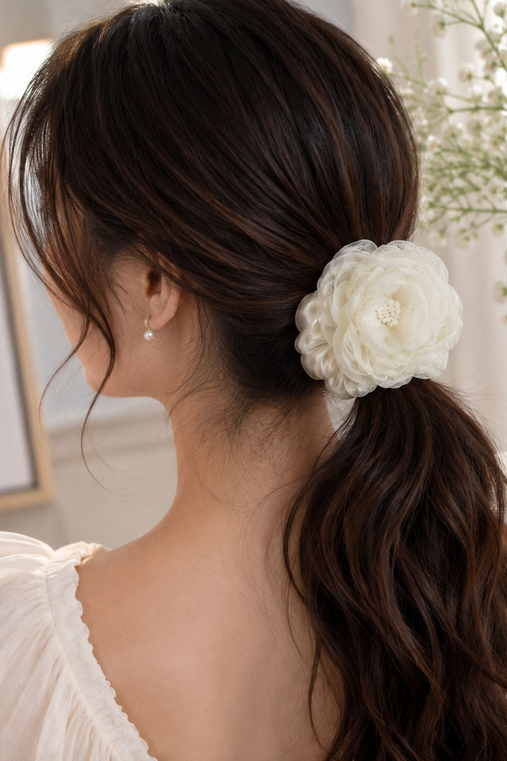 Blush Bloom Hair Tie, White Sheer Mesh Floral Hair Accessory
