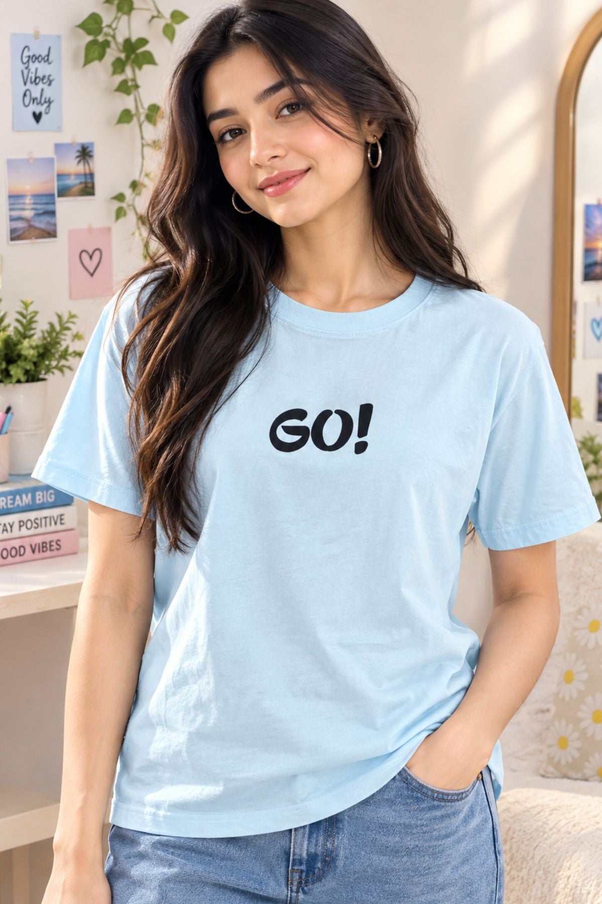 Kiara Sky Blue Round Neck Half Sleeve T-Shirt