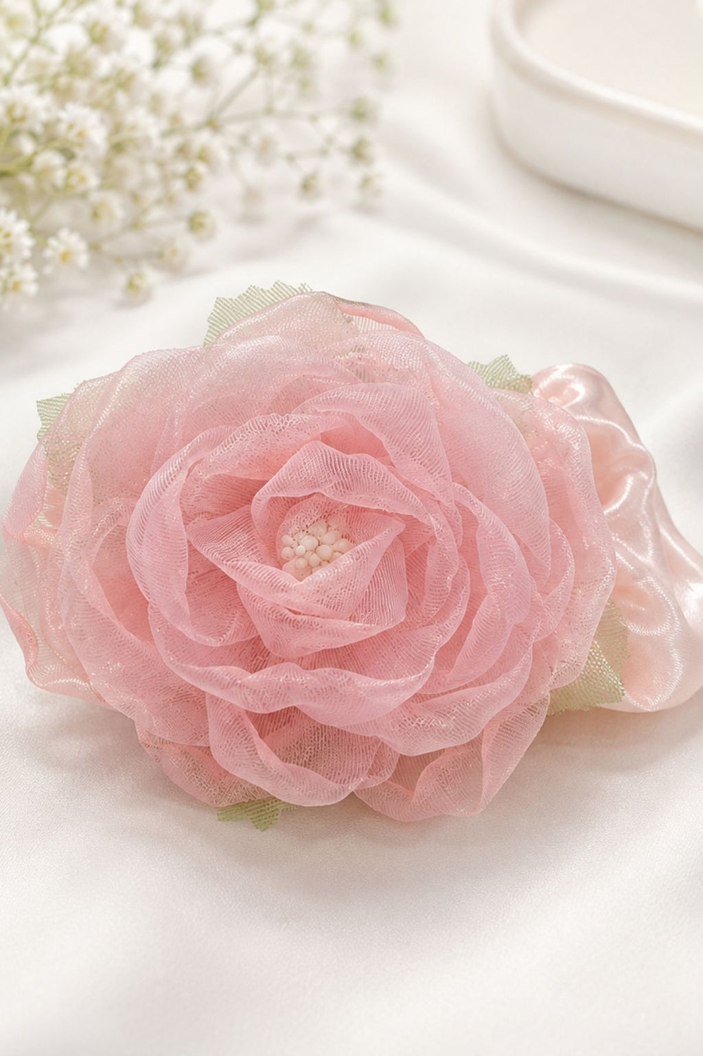 Blush Bloom Hair Tie, Pink Sheer Mesh Floral Hair Accessory