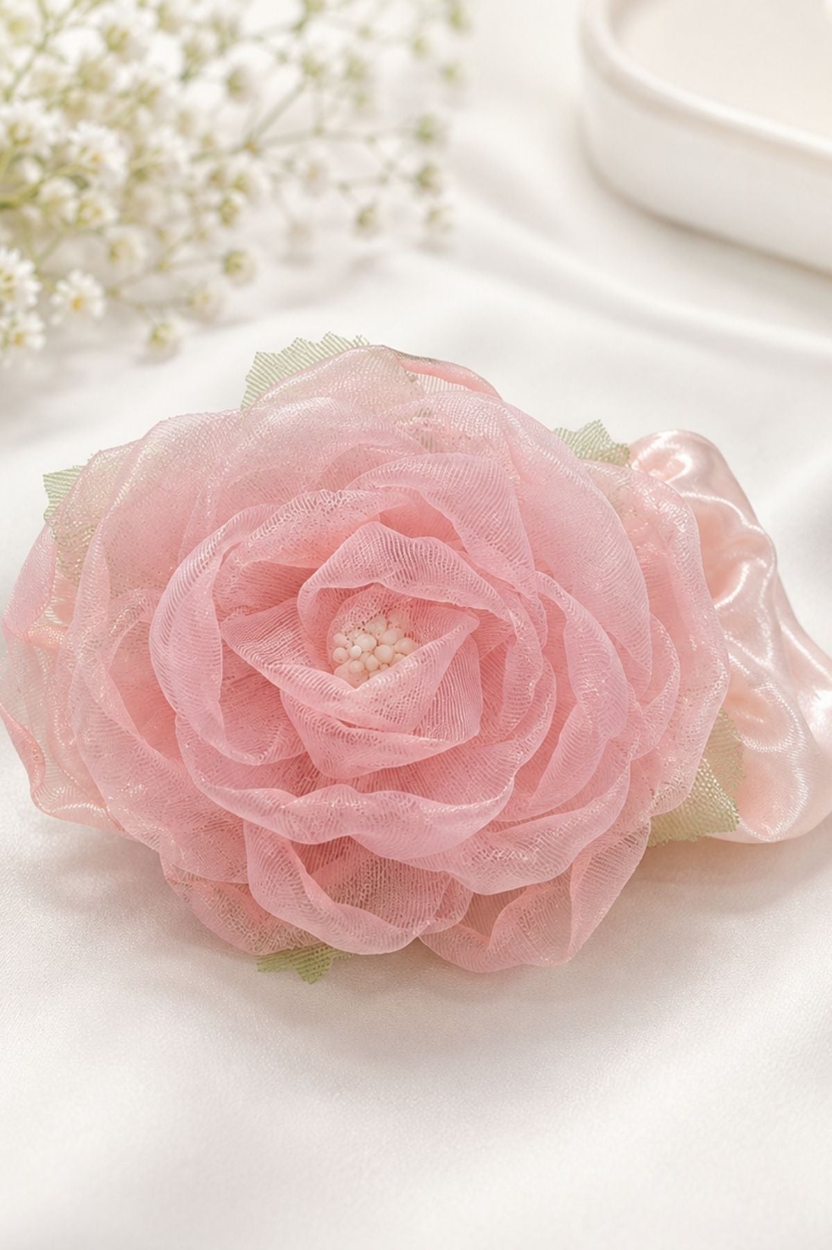 Blush Bloom Hair Tie, Pink Sheer Mesh Floral Hair Accessory